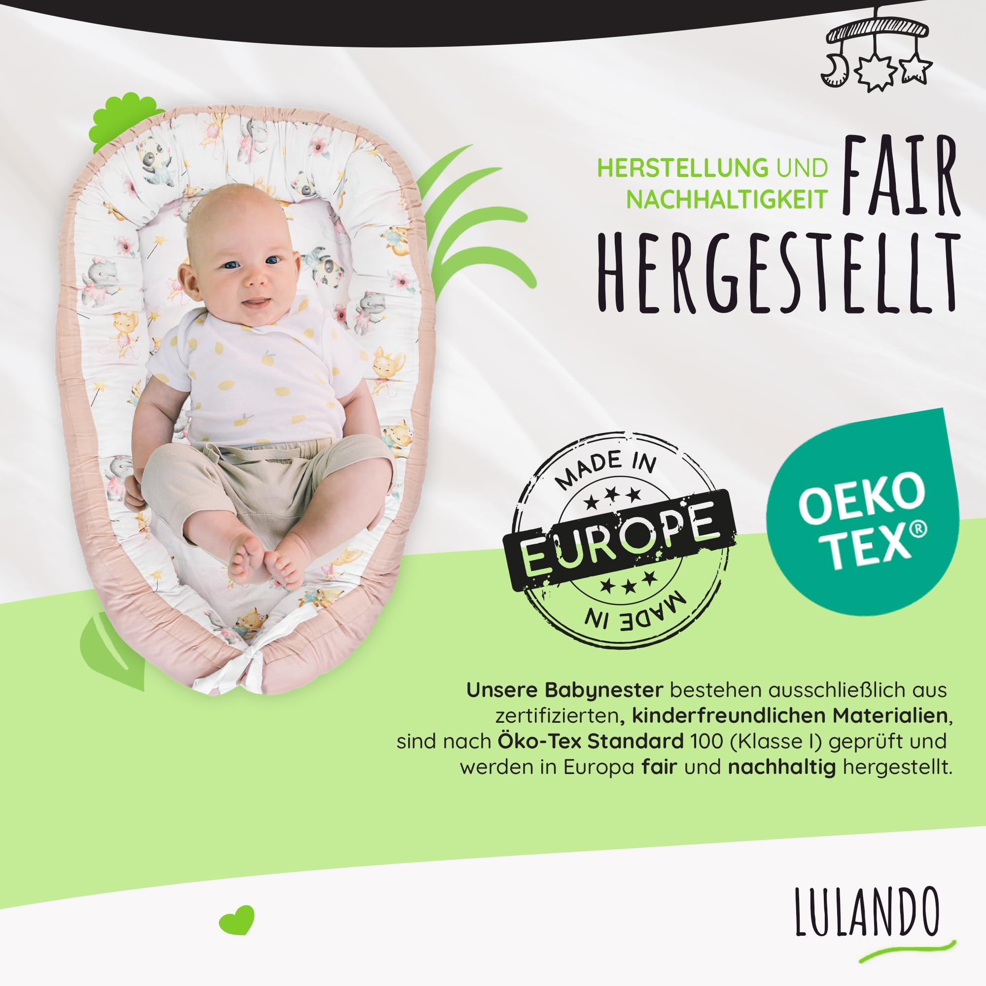 LULANDO® Nido de bebé - Estándar 100 de Oeko-Tex - nido de envoltura multifuncional para bebés y recién nacidos - Nestchen - cuna de viaje - 100% algodón - antialérgico - fabricado en la UE