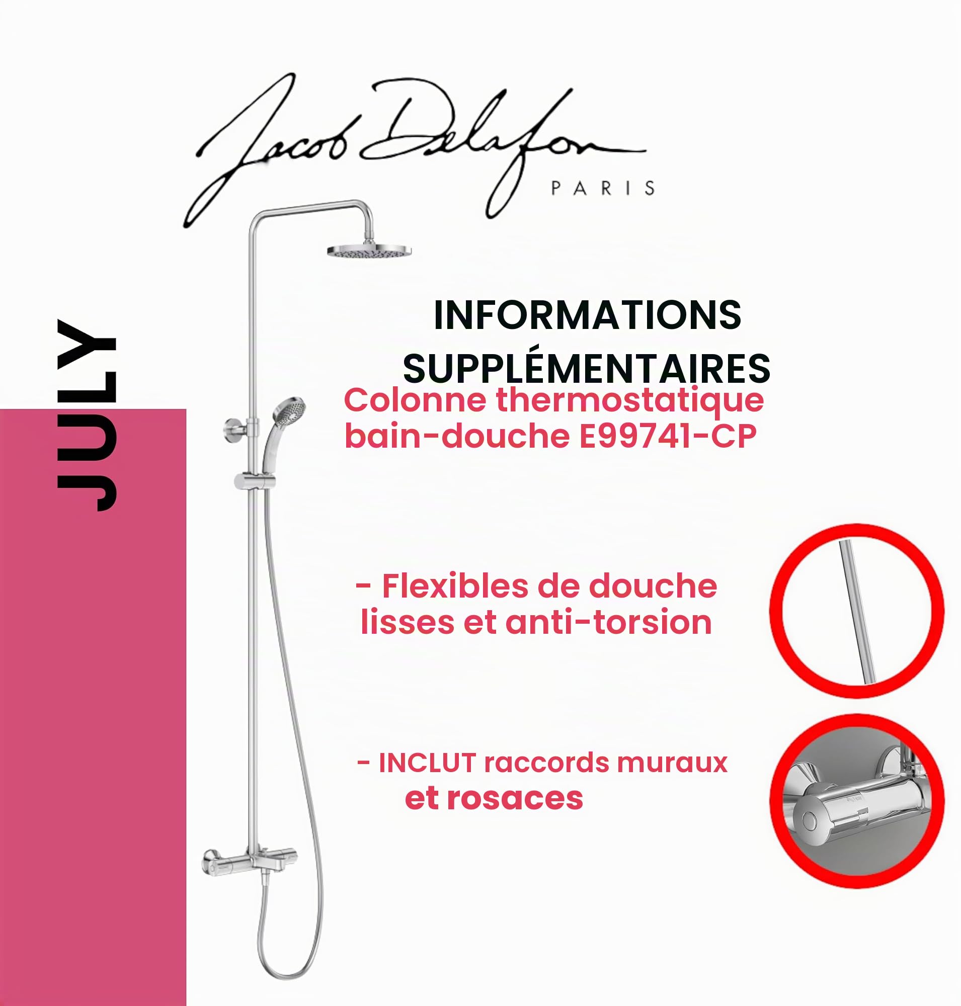JACOB DELAFON Colonne douche et bain thermostatique ronde Hauteur réglable Douche tête 200 mm Douche à main JULY E99741-CP