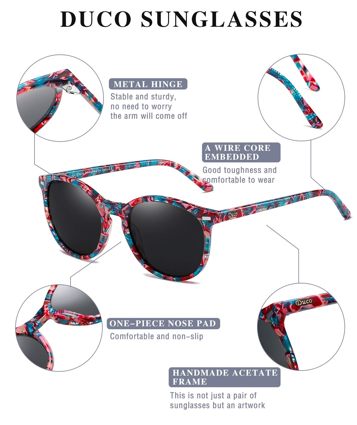 DUCO Retro polaryzacyjne damskie okulary przeciwsłoneczne Vintage UV400 ochrona okulary przeciwsłoneczne lekkie oprawki octanowe 1230