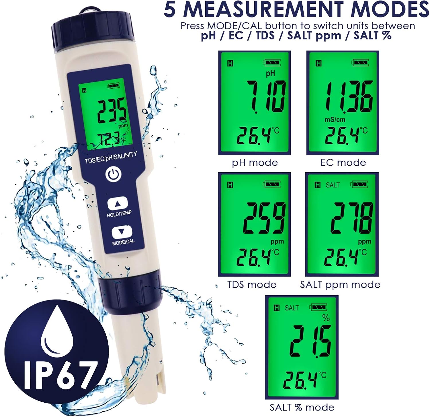 Pentype Multi-Paramater 5-in-1 Water Quality Tester (pH/TDS/EC/Temp/Salinity) Waterproof Digital Meter Household Industrial Laboratory Analysis