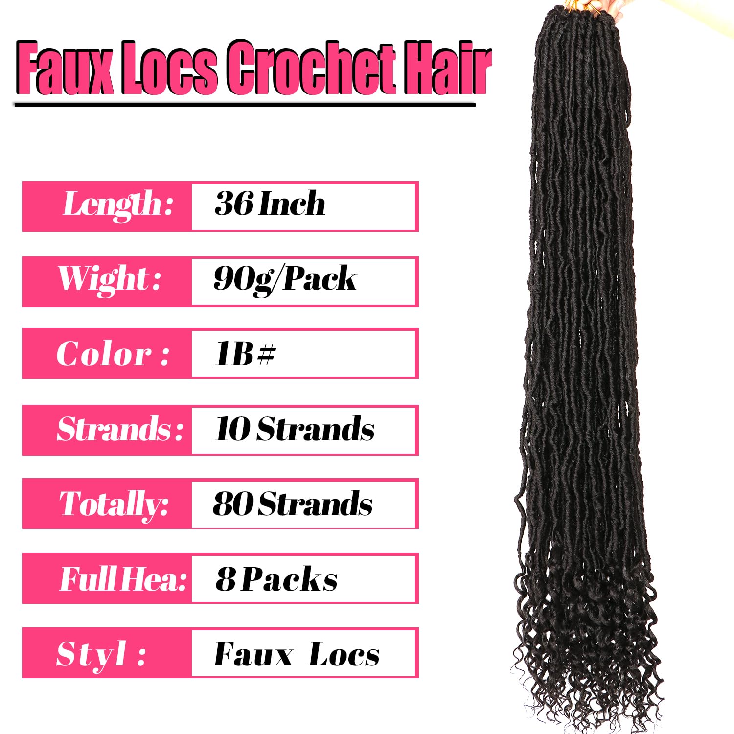 Faux Locs Crochet Hair-Soft Locs Crochet Braids Hair Extensions Goddess Braids Extensions Hair (#1B, 36 Inch (Pack of 8)) - Image 2