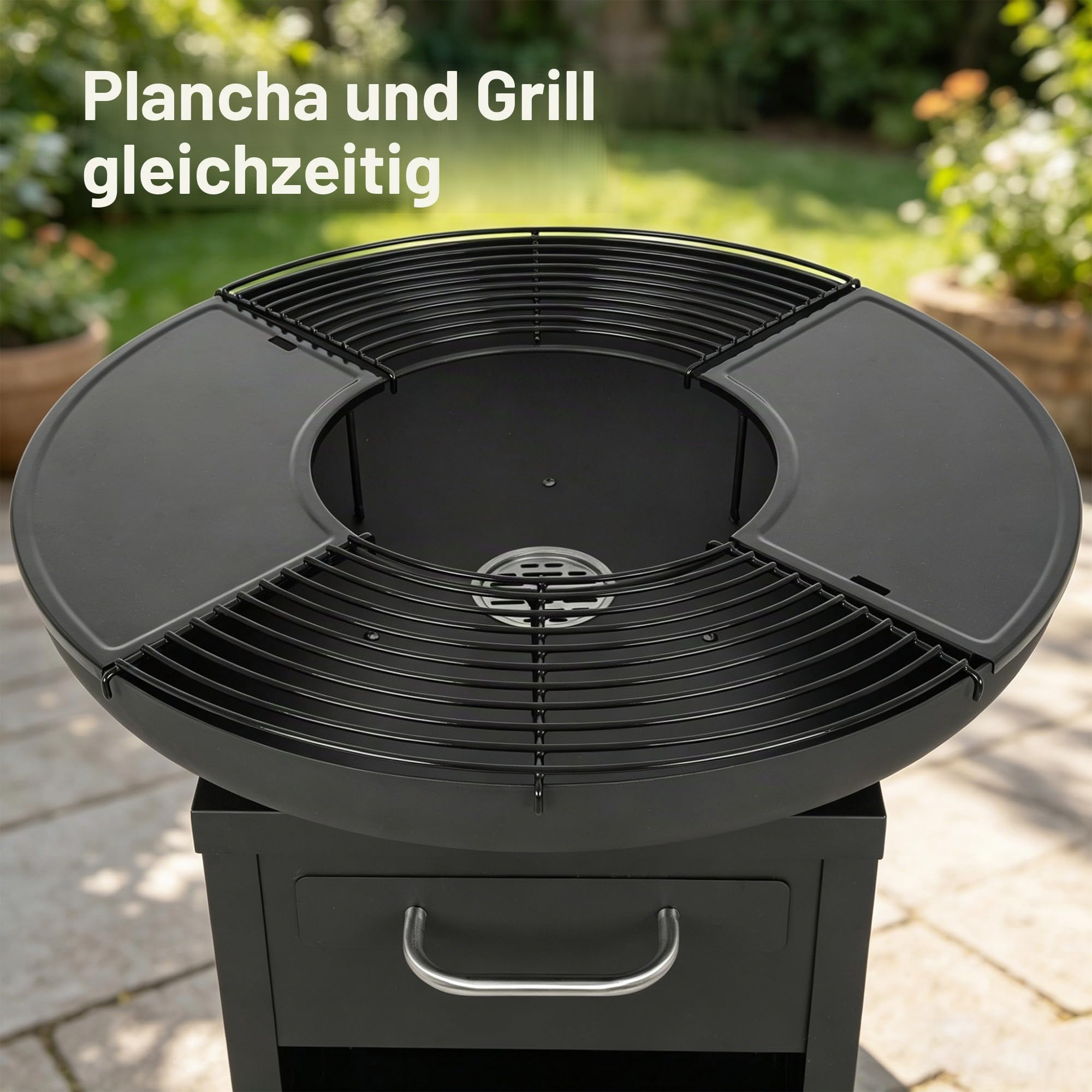 Bali Outdoors Große Feuerschale Plancha Ø 80 x 92 cm aus Eisen, Outdoor-Kochset mit Platten und abnehmbaren Grillrosten, Heizkamin für Garten und Terrasse