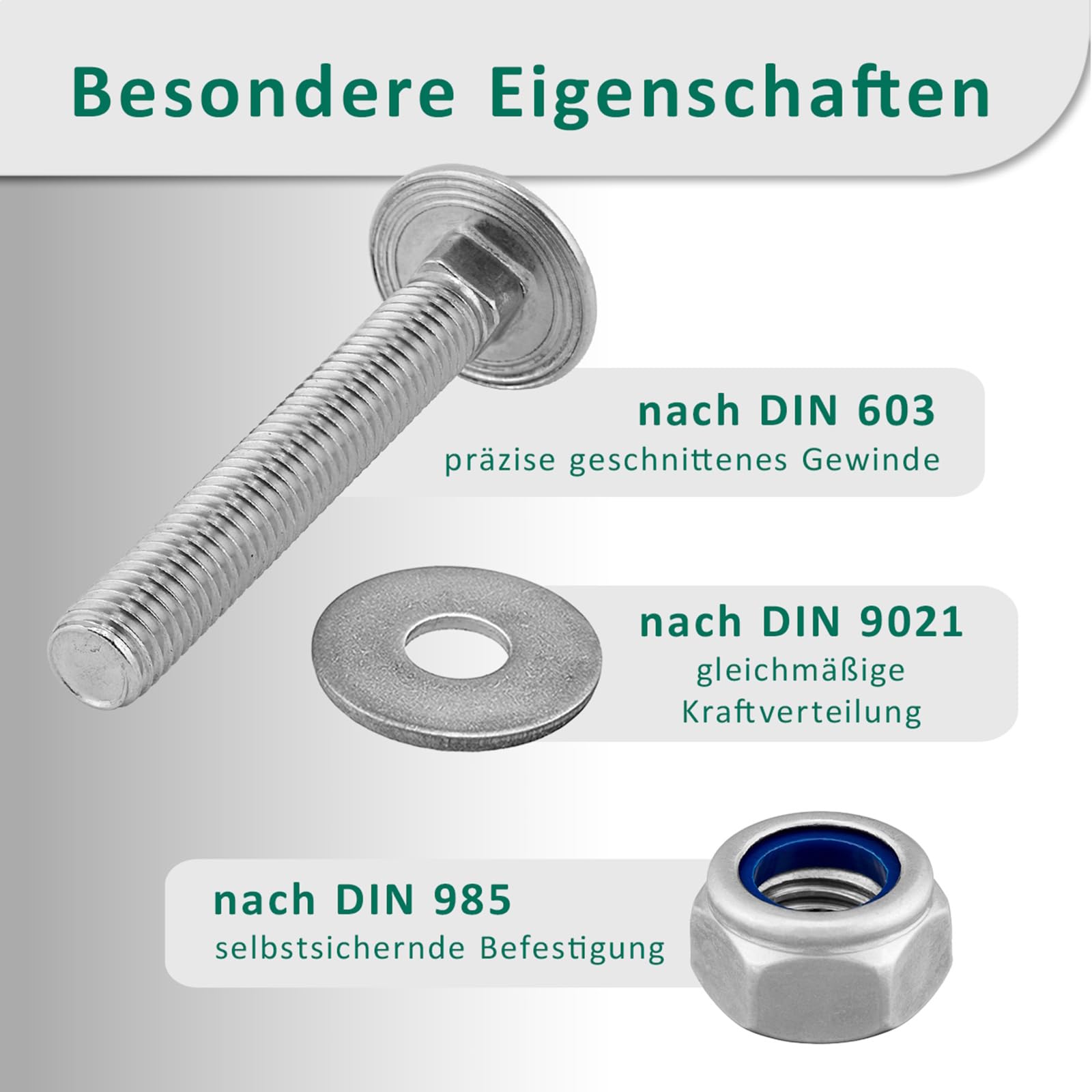 DSM – Tornillos M6 x 40 mm según DIN 603 – Tuerca de seguridad M6 DIN 985 y arandela DIN 9021 – Acero inoxidable A2/V2A – Tornillos de cabeza redonda plana con cuello cuadrado – Tuercas de tope – 100