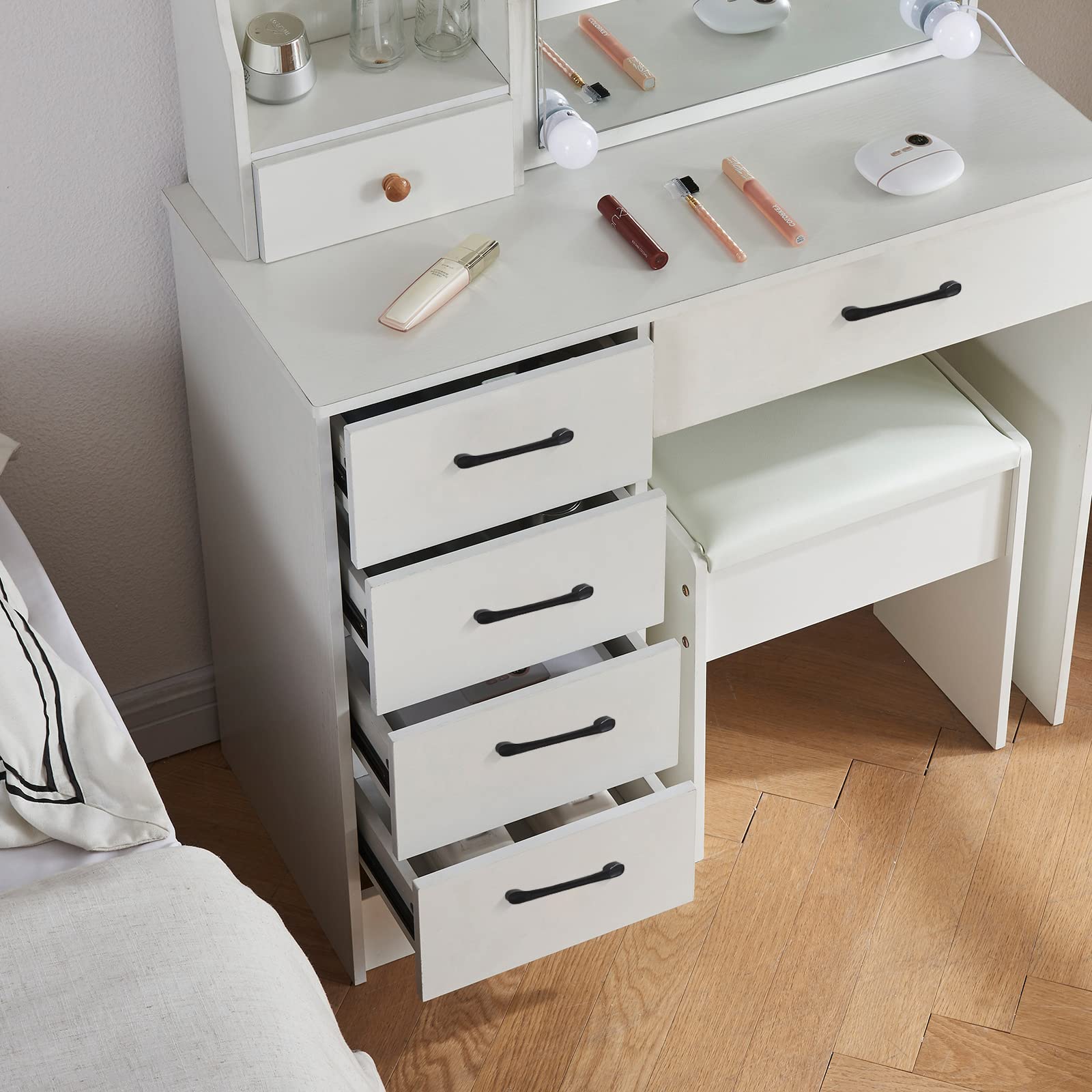 Tocador De Maquillaje Con Espejo Deslizante LED Y 6 Cajones - Blanco, 36x80x131 Cm, Luz Regulable, Incluye Taburete, Amplio Almacenamiento