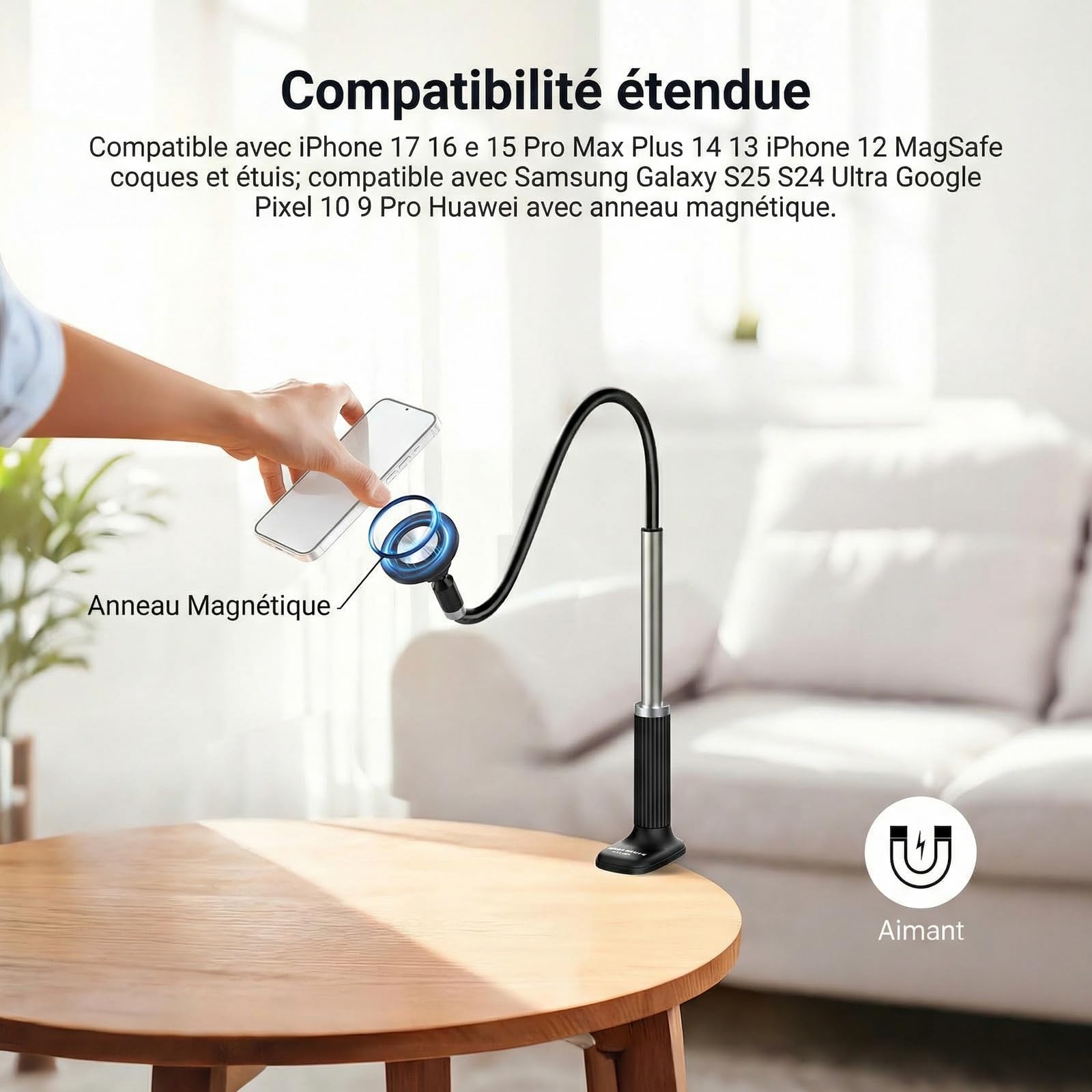 NEEWER Basics Support Magnétique pour Téléphone, Fixation à 360° pour Bureau, Bras Flexible, Compatible MagSafe iPhone Android et Samsung, Idéal pour l'Enregistrement Vidéo au Lit, PA151 Noir