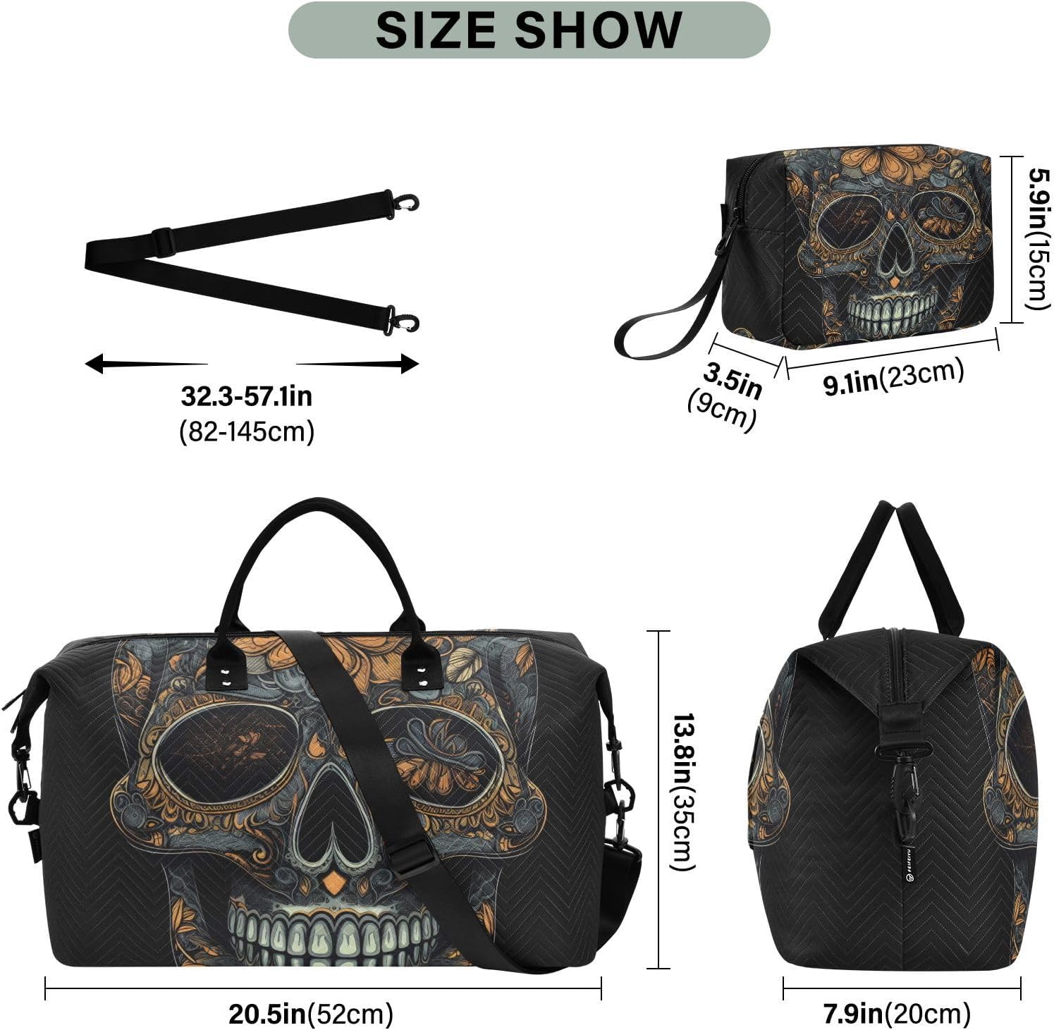 Large Travel Duffel Bag, Skull and Daisy Sports Tote Gym Bag, Shoulder Weekender Overnight Bag for Women Men, Carry On Luggage with Toiletry Bags