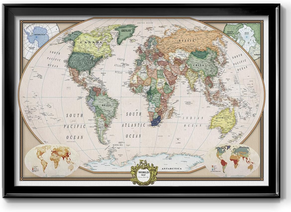 Renditions Gallery Colorful World Map Canvas Wall Art with Black Frame Wall Hanging Travel Map with Push Pins for Home, Office, Classroom
