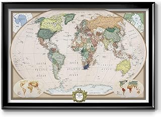 Renditions Gallery Colorful World Map Canvas Wall Art with Black Frame Wall Hanging Travel