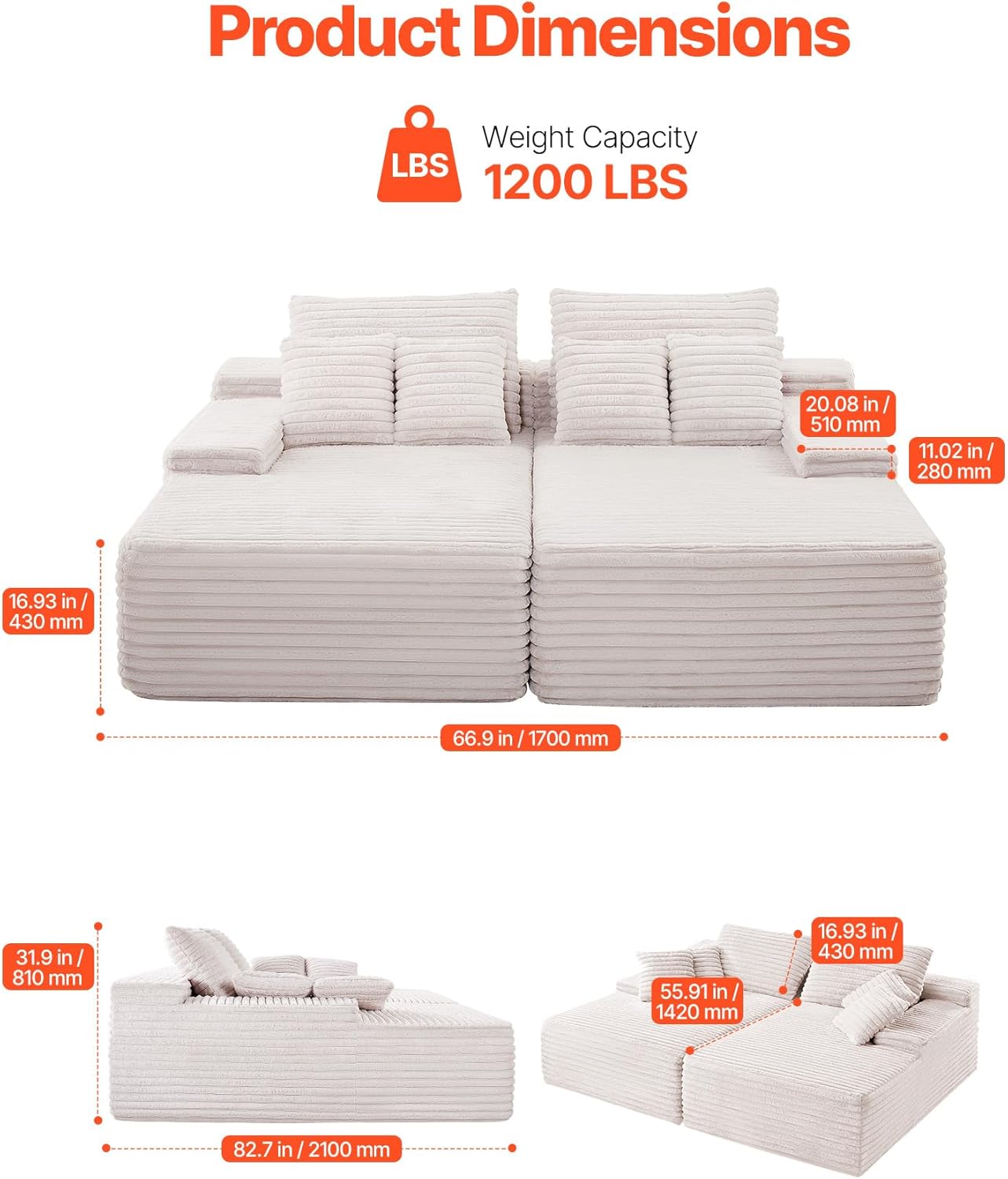 VEVOR Oversized Double Chaise Lounge 67", Boneless Cloud Sofa, Soft Corduroy Floor Couch, No-Assembly Lounge Chair for Living Room & Bedroom Relaxing, Beige