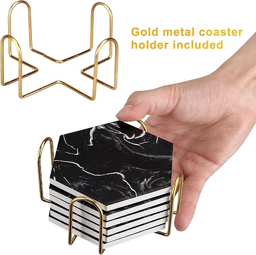 Miniatura 5 de Juego de posavasos de mármol negro fresco con soporte, posavasos hexagonales absorbentes de cerámica moderna, paquete de 6 posavasos de piedra para