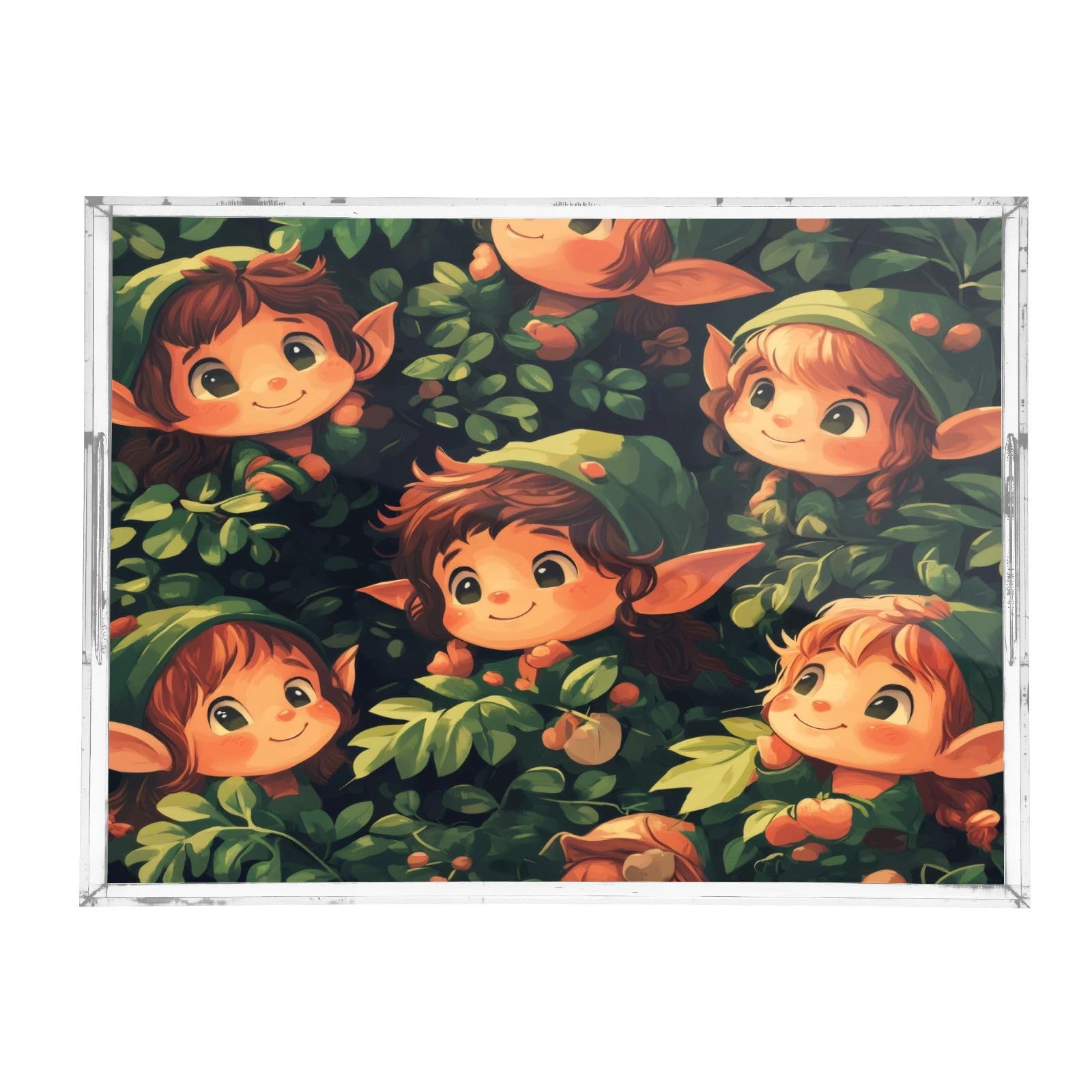 Msyxl Elves Pattern Serving Tray for Coffee Table, Decorative Acrylic Tray Elves Pattern Tray with with Handles for Breakfast, Ottoman, Countertop, 12x16 in