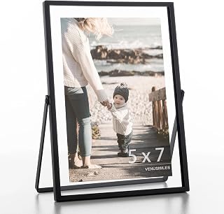 Floating Frame Floating Picture Frames, 5x7 Double Real Glass Metal Photo Frame with Pull-Out Easel Stand for Wall Vertical Tabletop Display, Home, Office, Photo Gallery, Wall Art, Wedding Decoration