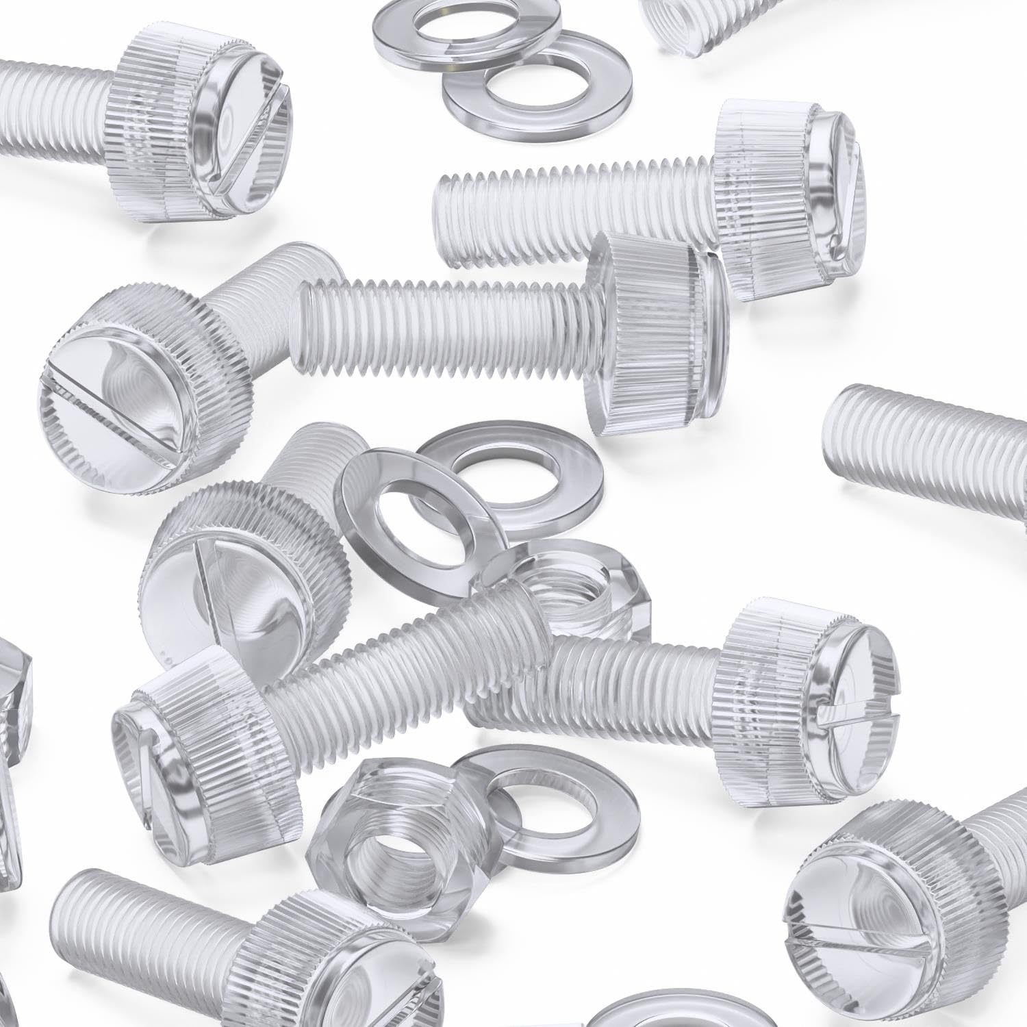 60x Transparent Clear Plastic Acrylic Thumbscrews, Slotted+knurled M8 x 25mm, (5/16 x 1 in), Nuts, Bolts, washers