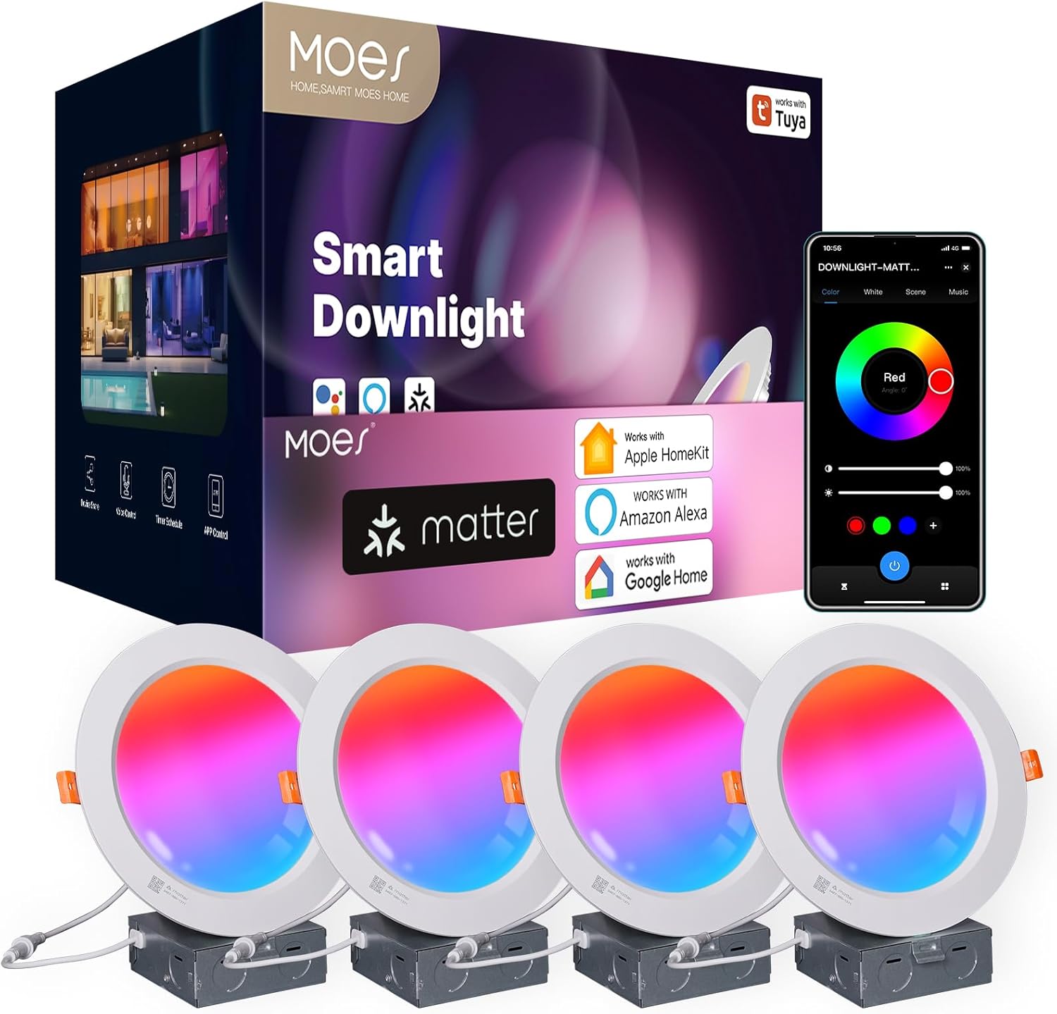 MOES Matter Smart Recessed Lighting 6 Inch, Color Changing WiFi Smart Downlight with Junction Box, 2700K-6500K CW& RGB Dimmable, Work with Apple Homekit/Alexa/Google Home, 1200lm 14W 4 Pack MOES Matter Smart Recessed Lighting 6 Inch, Color Changing WiFi Smart Downlight with Junction Box, 2700K-6500K CW& RGB Dimmable, Work with Apple Homekit/Alexa/Google Home, 1200lm 14W 4 Pack