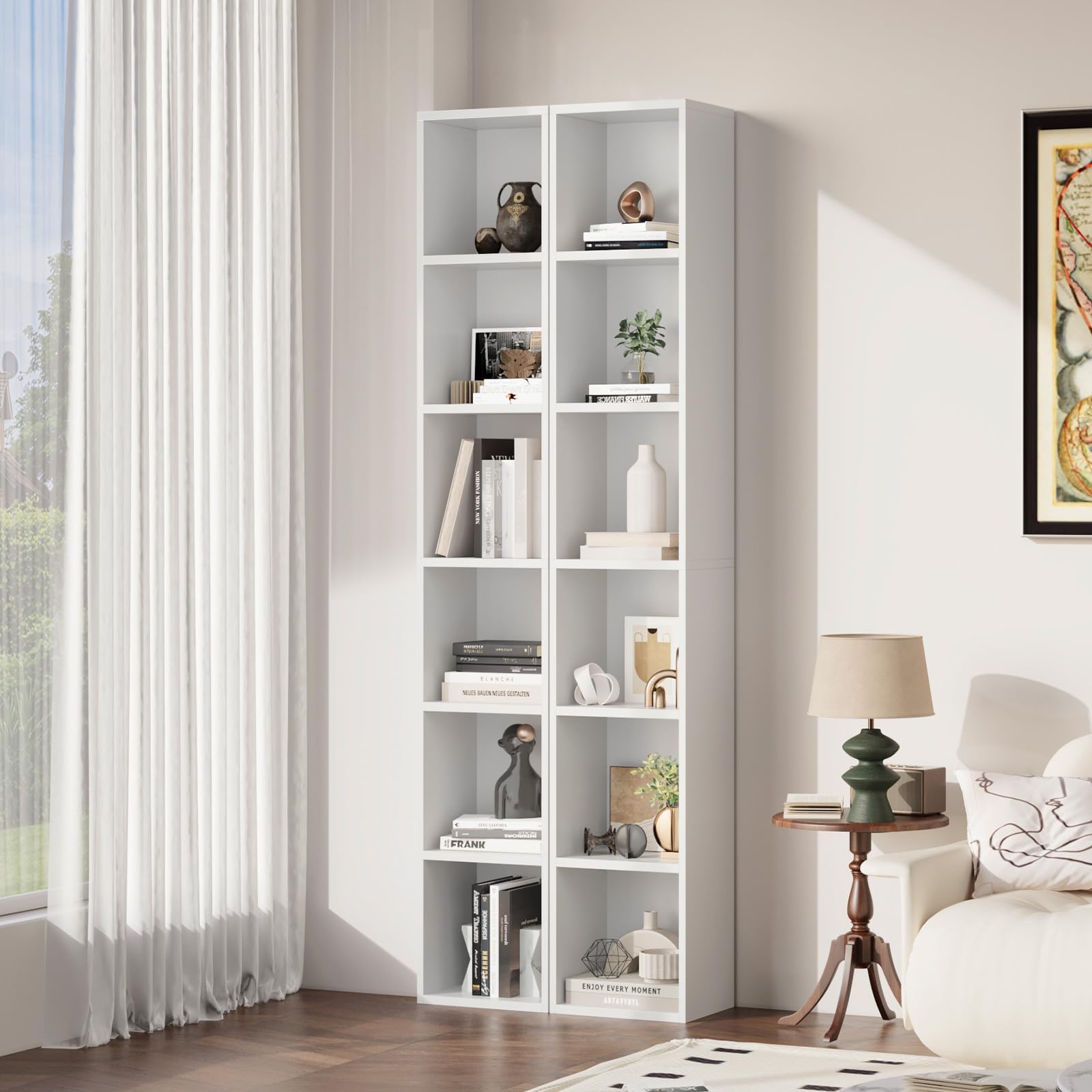 Nordivale Bücherregal Schmal, Bücherregal Weiß, Standregal, Modernes offenes Regal aus Holz, für Wohnzimmer, Schlafzimmer, Büro, Arbeitszimmer, 6 Ebenen Küche, Haushalt & Wohnen