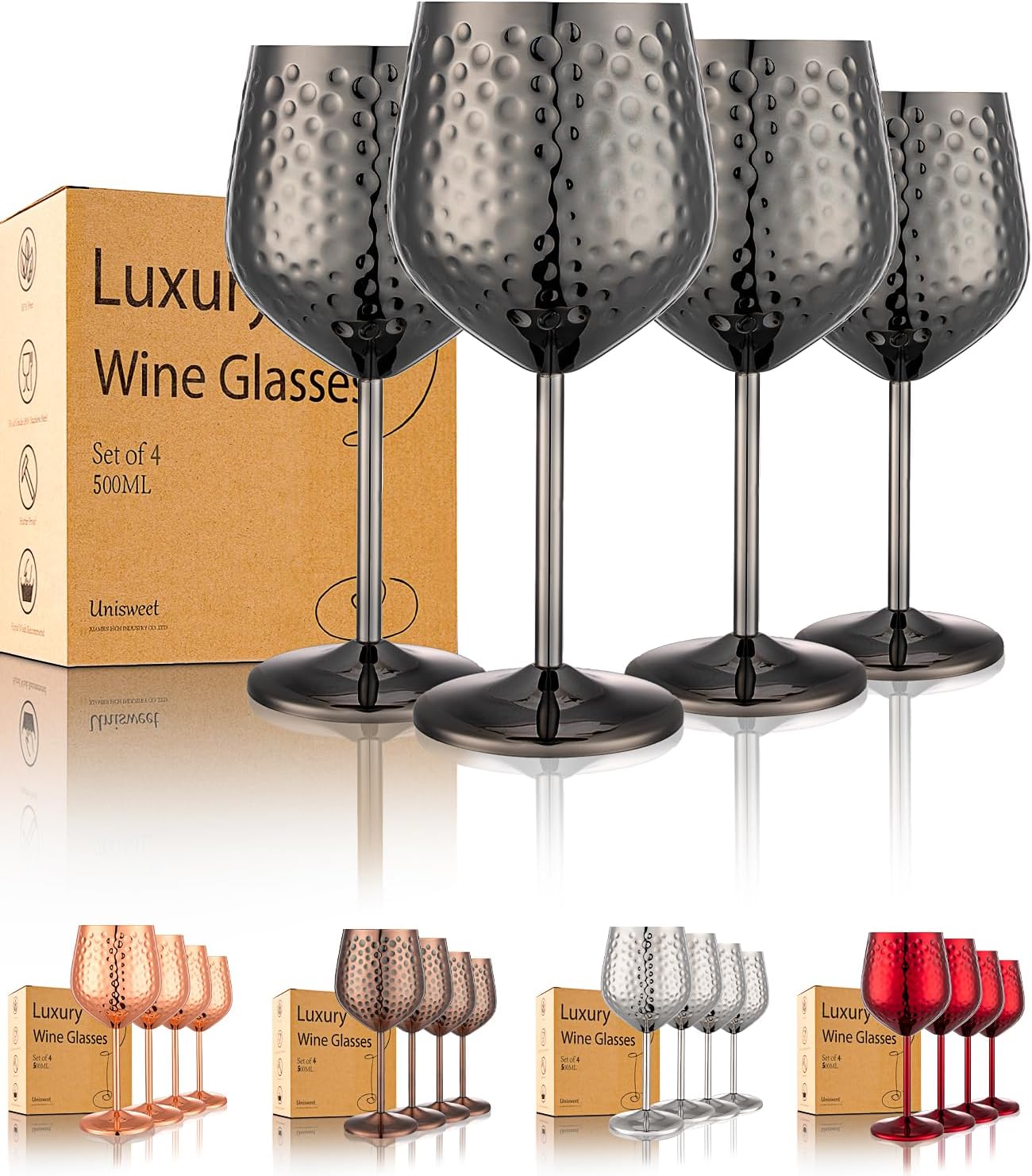 UNISWEET Stainless Steel Wine Glasses-18 oz Unbreakable Hammer point Wine Goblets, Elegant Unique Metal Wine Glass for Outdoor, Travel, Camping, Pool,Gift for Wine Lovers (Set of 4) (Black)