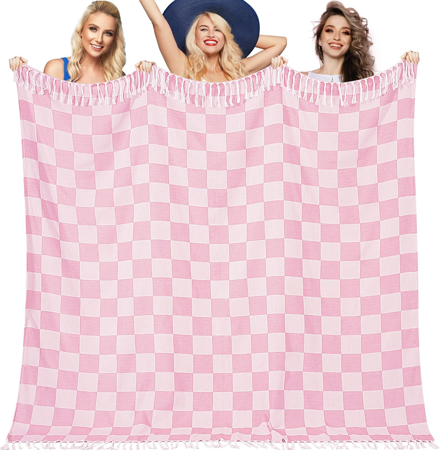 Genovega Oversized Giant Turkish Beach Towel Blanket Extra Large XXL Lightweight Quick Dry Sand Free Boho Throw Pool Cloud Sandrpoof Blankets Women Men Big Jumbo Wide 2 Person Size Grid Pink