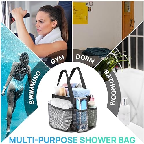 Miniatura 7 de Organizador de ducha de malla portátil para dormitorio universitario, artículos esenciales de habitación, organizador de ducha portátil con 8