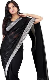AKHILAM Women's Georgette Solid Ready To Wear one Minute Saree With Unstitched Blouse Piece