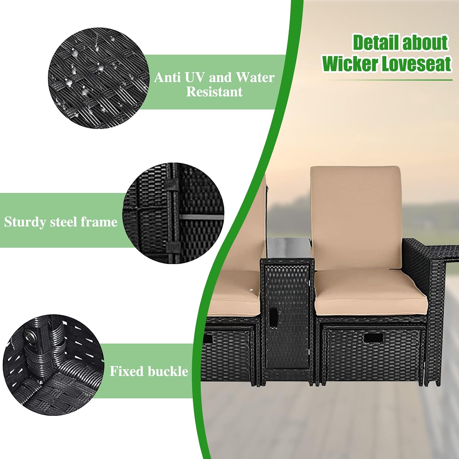 Patio Wicker Loveseat - Outdoor Rattan Sofa Set with Cushion - Adjustable Lounge Chair with Ottoman Footrest, Wicker Furniture for Garden, Patio, Balcony, Beach, Coffee Bar, Deck