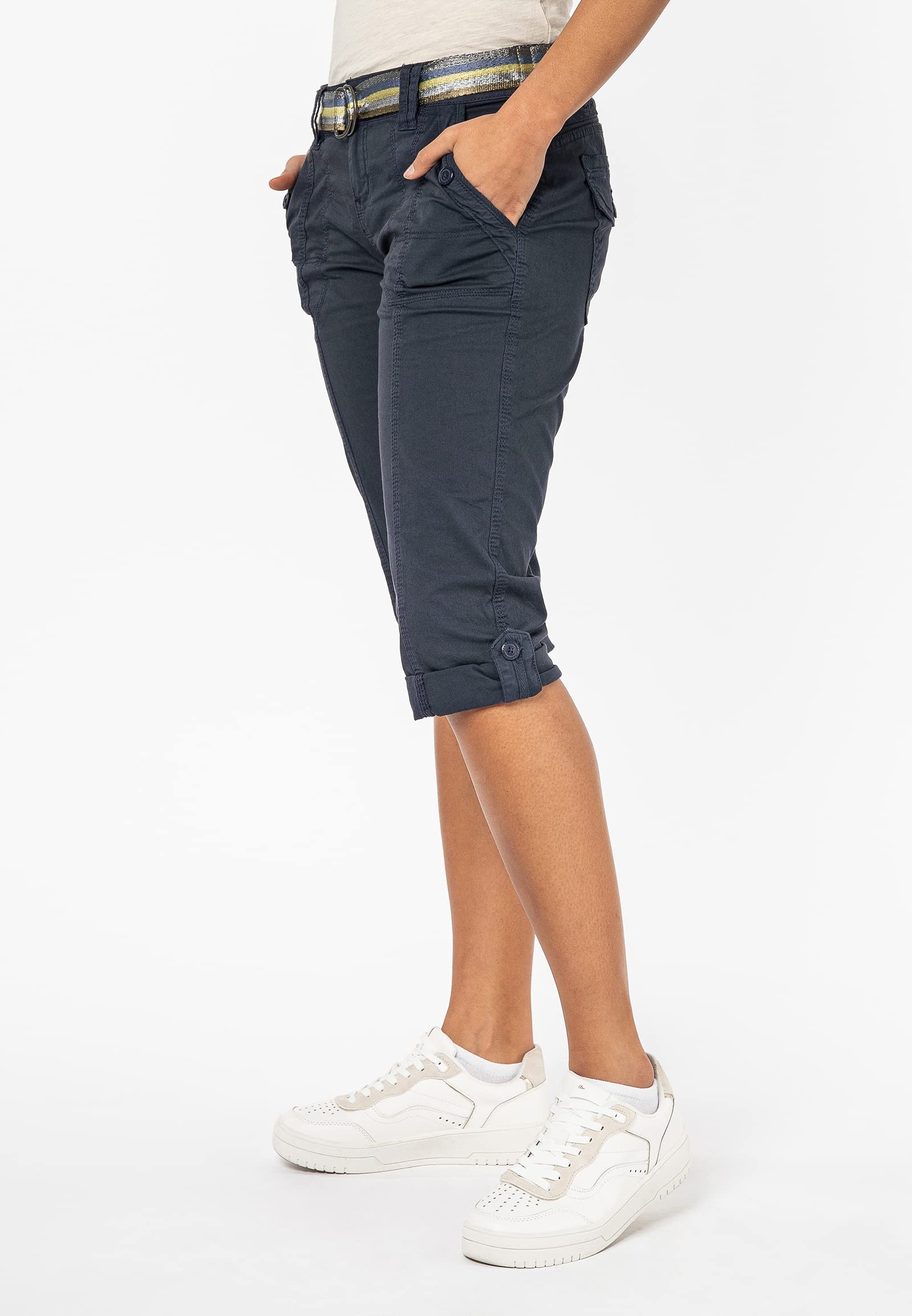 FRESH MADE Damen Capri-Hose 3/4-Shorts mit Metallic Gürtel