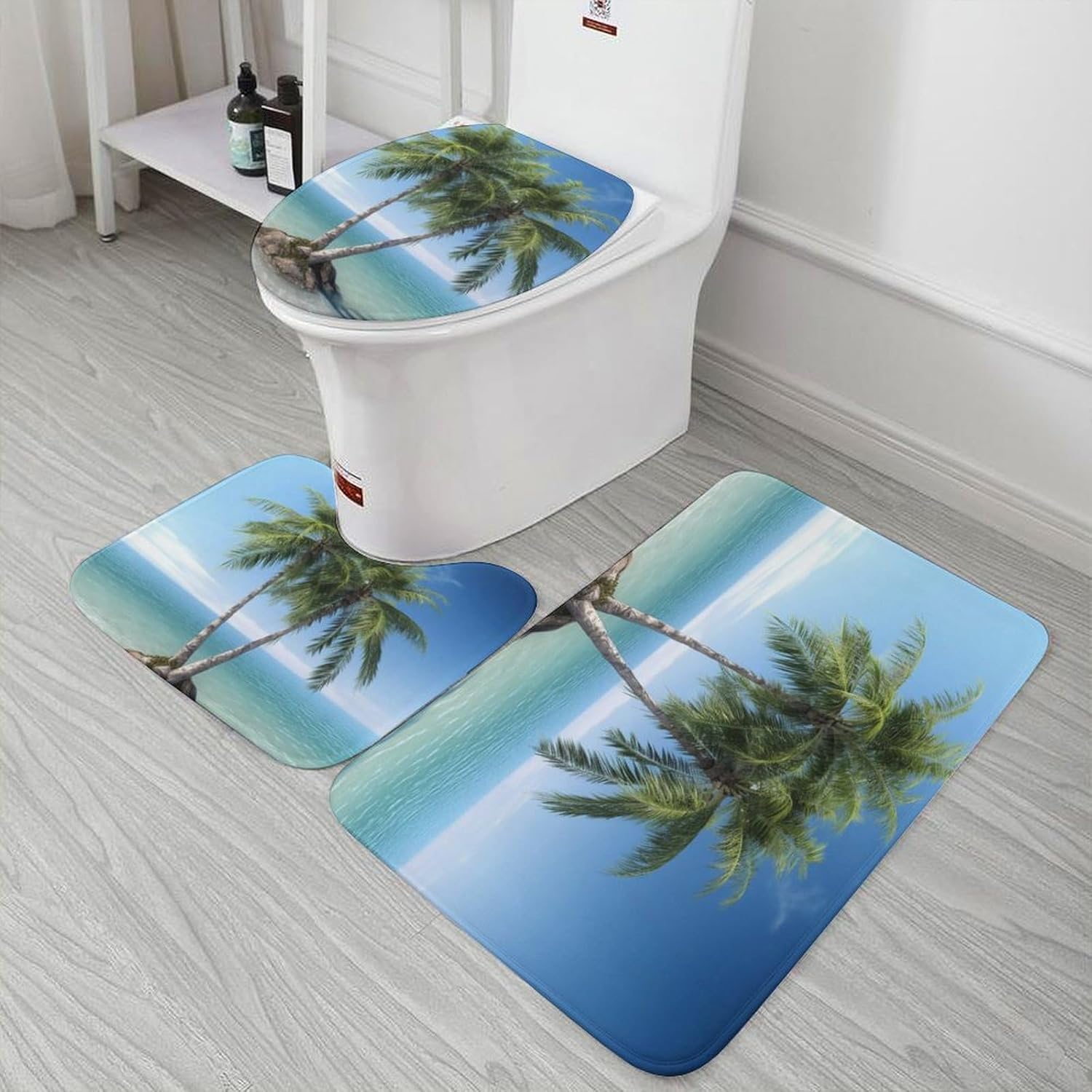 Anti-Skid Floor Mats 3 Piece Set,Sea Palm Trees Printed Coral Fleece Bathroom Mats U-Shaped Contour Mat Toilet Seat Cover for Bathroom, Tub, Shower, Kitchen 19.7"x31.5"