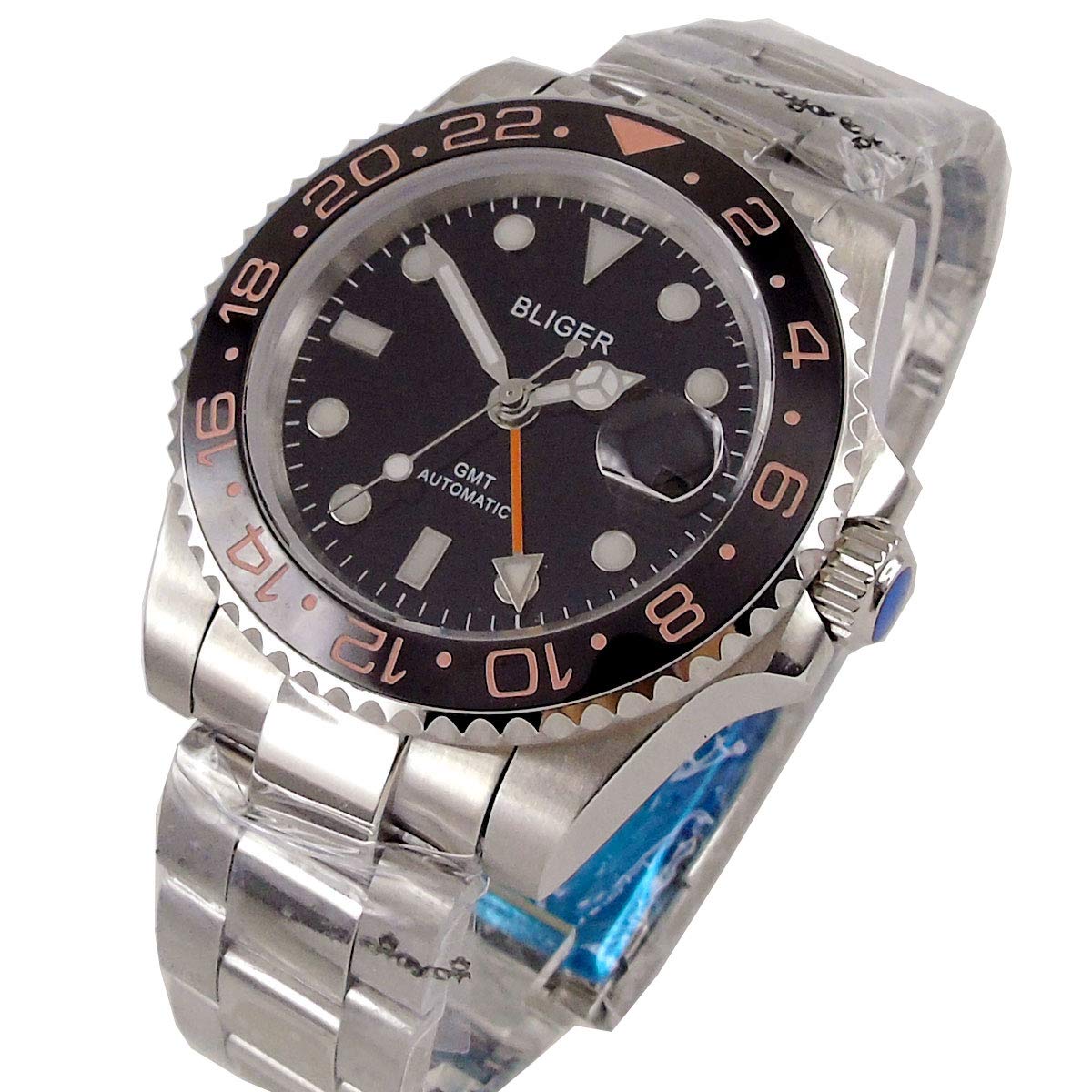 BligerSolid BLIGER 40mm Black Dial Luminous Marks Ceramic Rotating Bezel Sapphire Glass 30M Water Resistance GMT Dual Time Zone Automatic Movement Men's Watch (BLIGER Dial)