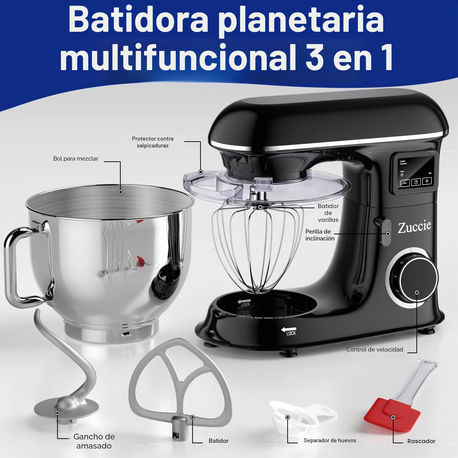 Batidora Amasadora 1500W 8L Amasadora Reposteria 6 Velocidades Robot de Cocina Pantalla LCD & función de fermentación con Amasador, Batidor, Varillas y Protección para Salpicaduras (negro)