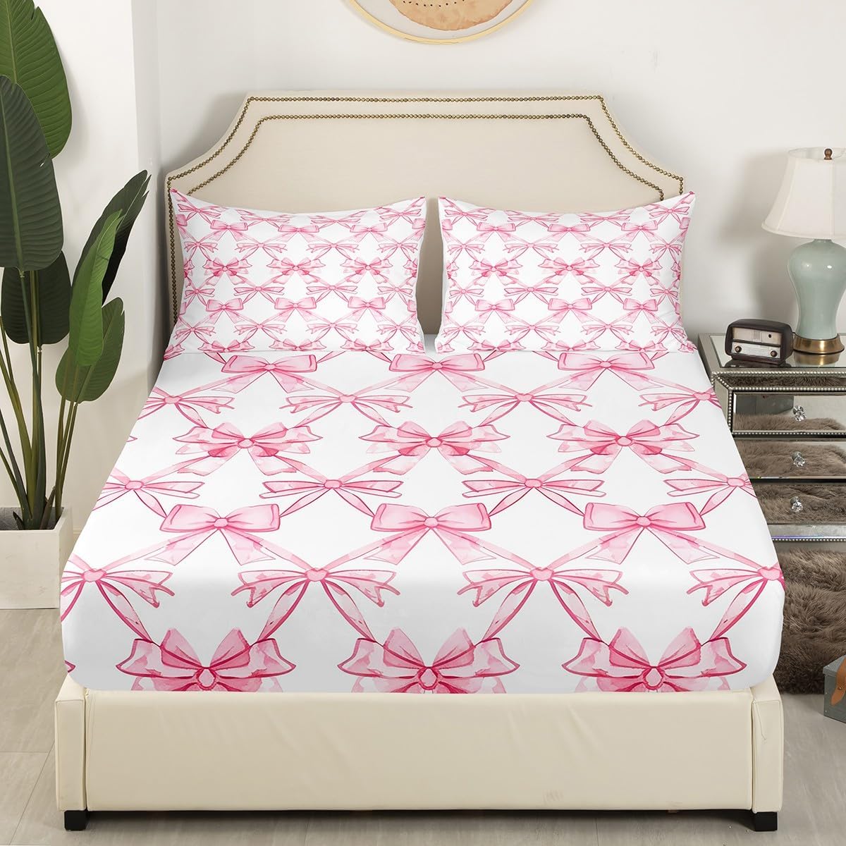 Manfei Pink Bowknot Bed Sheet Set Twin Size,Watercolor Bow-tie Princess Style Paint Sheet Set,Dreamy Bow Crossed Grids Lines Pink White Bedding Set with 1 Flat & 1 Fitted Sheet with 1 Pillow Sham