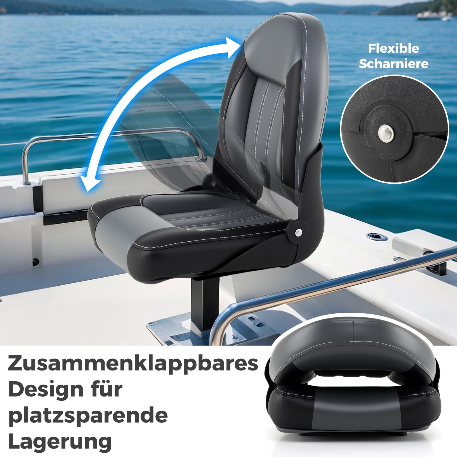 COSTWAY Hochlehner Bootssitz, 2er Set, klappbarer Bootsstuhl mit 7 cm dicker Schaumstoffpolsterung, gepolsterter Steuerstuhl für Boote, Schwarz