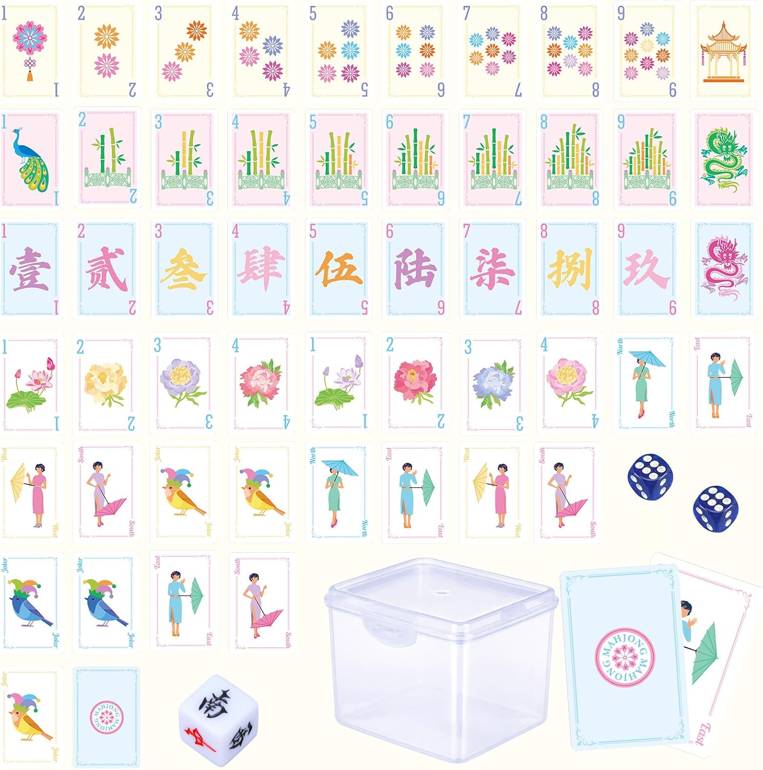 Thenshop 160 Pcs Mahjong Playing Cards Set American 3.4" x 2.2" Large Print Include Storage Box, Dice, Chips & Wind Indicator Portable Mahjong Poker Tiles Beginners Adults Gift for Travel Home Table