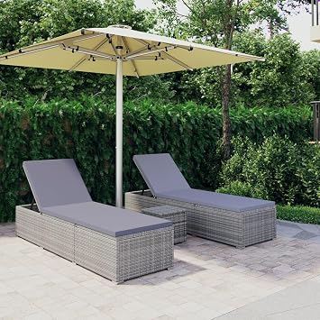 Gray Synthetic Poly Rattan Adjustable Sun Lounger Set with Tea Table for Outdoor Poolside Garden Patio Relaxation