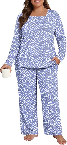 HOTGIFT Plus Size Womens Pajamas Set 2 Piece Pjs Loungewear Long Sleeve Sleepwear with Pockets Fall & Winter L-4XL