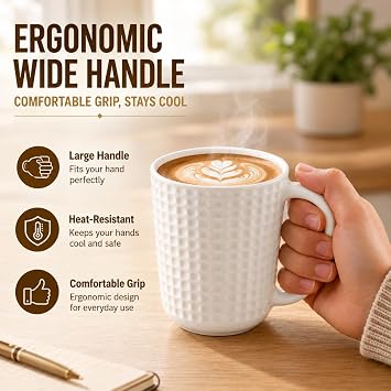 Large Ceramic Coffee Mugs 20 oz, Large Waffle Embossed Mug Set with Handle, Unique Coffee Cups for Latte, Cappuccino, Cocoa, Hot Tea, Mocha, Milk, Housewarming Wedding Present -Set of 2 (White)