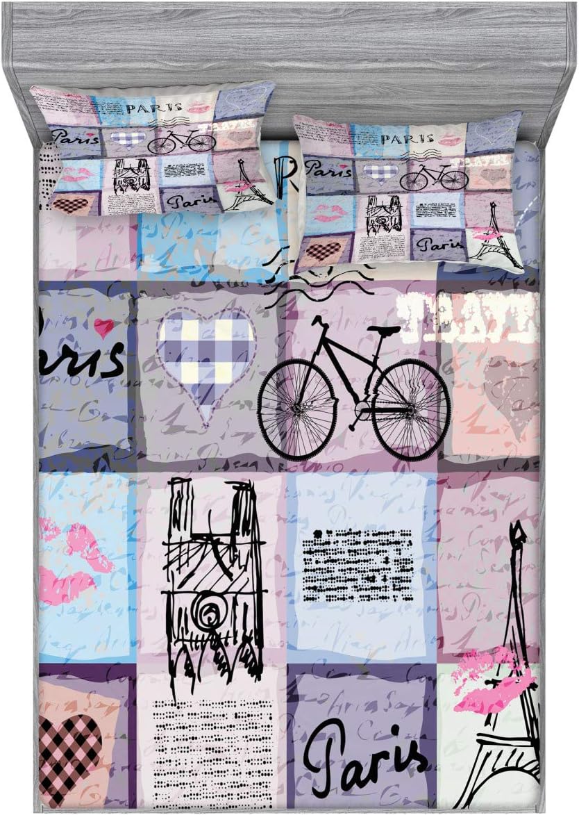 Ambesonne Paris Fitted Sheet & Pillow Sham Set, Grunge Textured Retro Collage of France Famous Object Eiffel Tower Europe Theme, Decorative Printed 3 Piece Bedding Decor Set, Full, Mauve Blue
