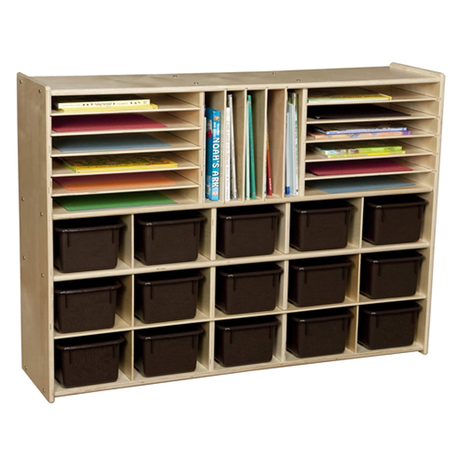 Contender Multi-Section Bookshelf with Rolling Casters, Hardwood Cubby Organizers with Brown Trays for Classrooms, Kids Book, Homes, Daycare, Preschool