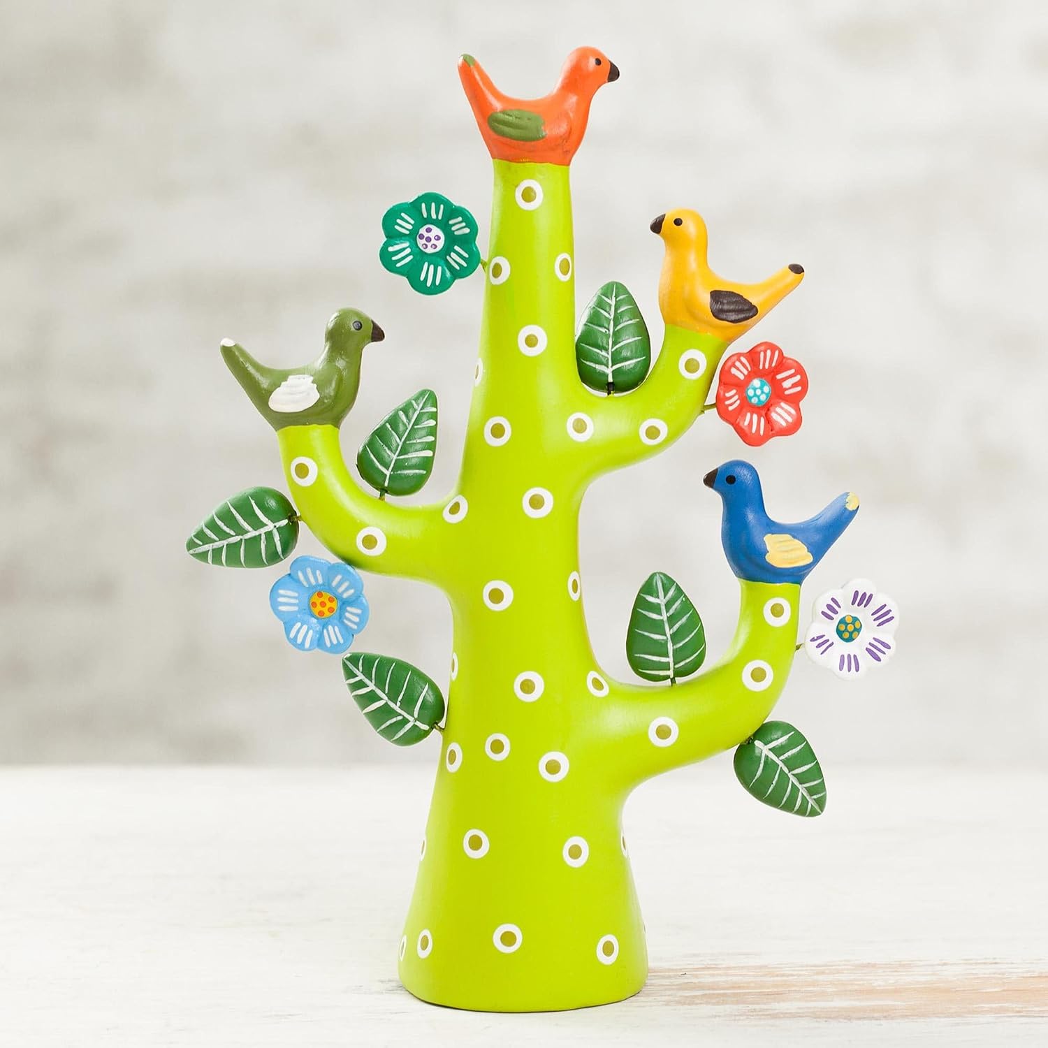NOVICA Artisan Handmade Ceramic Sculpture Handpainted Dove Tree Green from Peru Multicolor Leaf Folk Art Bird [9.75in H x 7.75in W x 3.1in D] ' Green Tree of Doves'