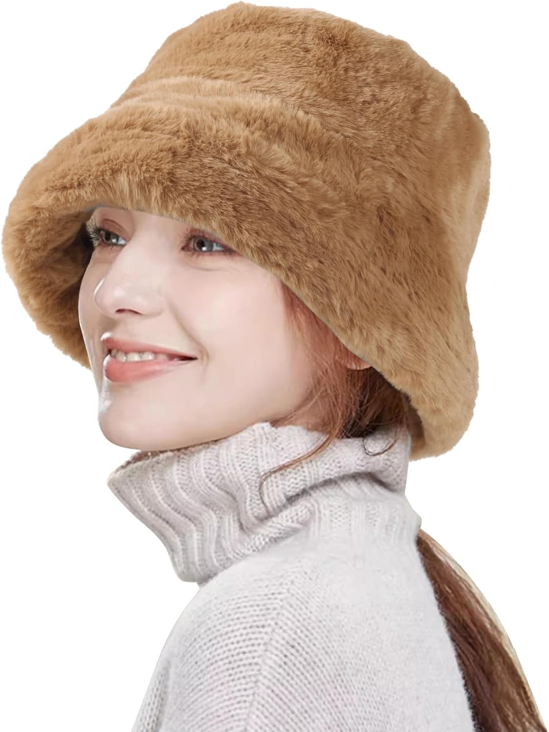 HH HOFNEN Winter Bucket Hat Fluffy Faux Fur Fisherman Plush Warm Hats Cute Fuzzy Bucket Hat for Women