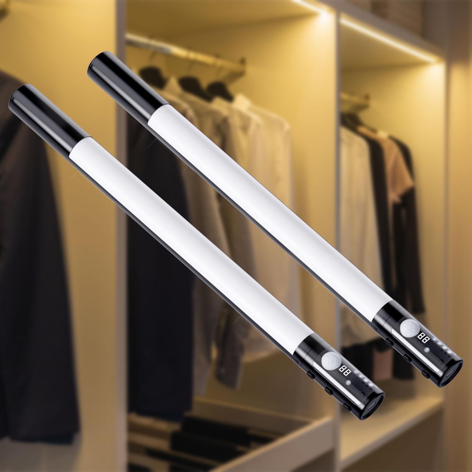 Quntis 38cm Schrankbeleuchtung Kabellos mit Anzeige & Bewegungsmelder 3 Farben Unterbauleuchte Küche LED Schranklicht Dimmbar 2000mAh USB Leiste Flur Bad Keller Kleiderschrank Zimmer Schwarz 2er Set