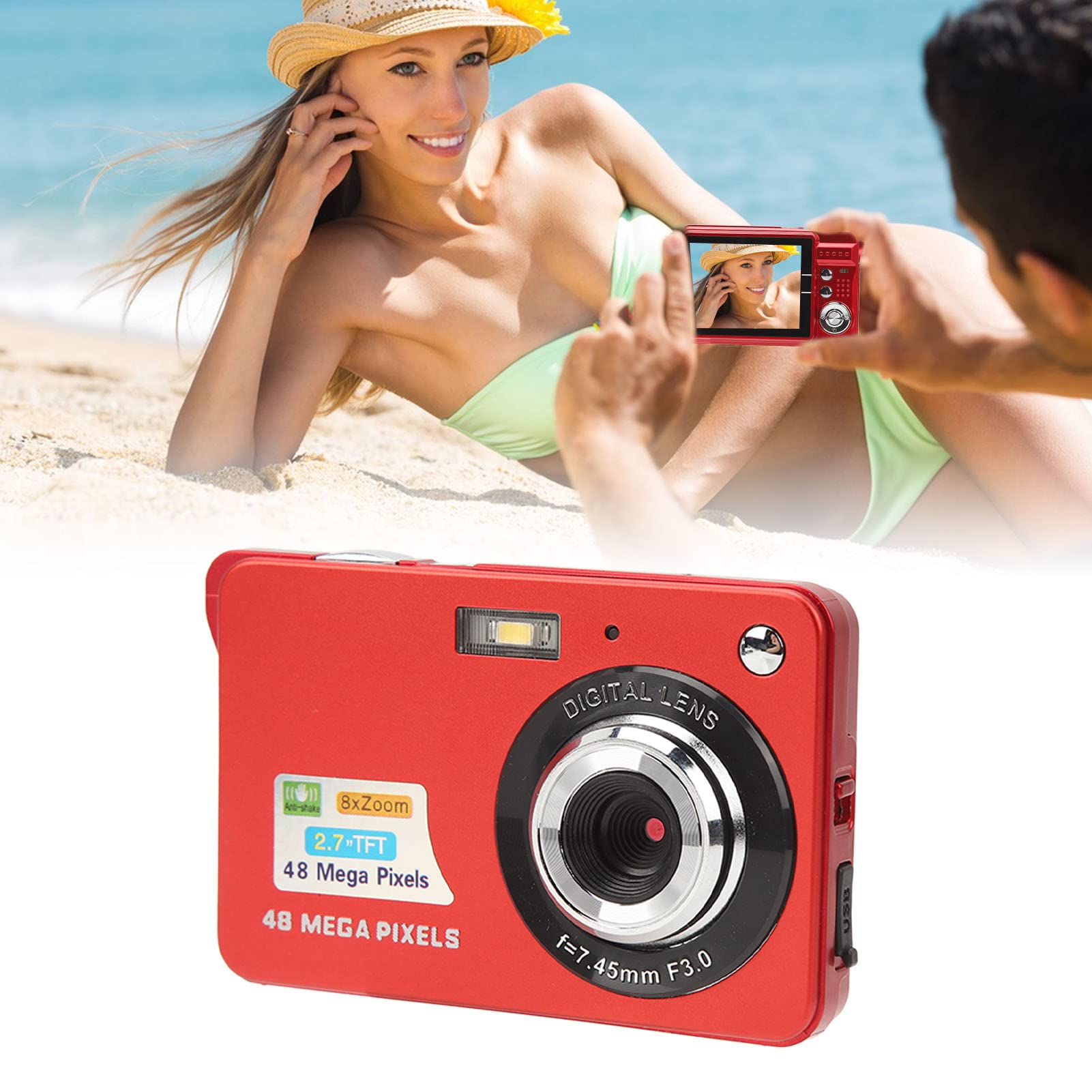 Fotocamera Digitale, Videocamera 4K 48MP, Fotocamera con Zoom 8X Antivibrazione con Schermo LCD da 2,7 Pollici, Registratore Videocamera per Vlogging per Raveling, C3 48, Rosso