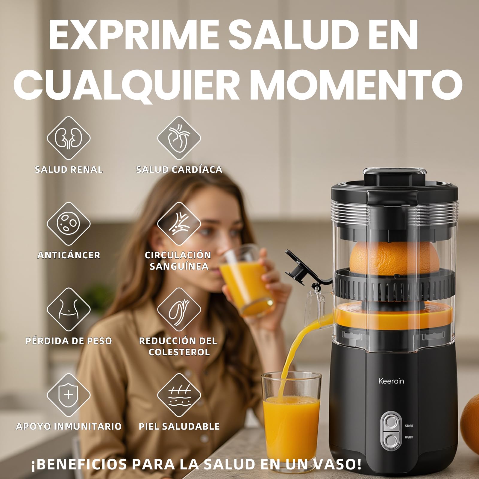 Keerain Exprimidor de Naranjas Eléctrico, Exprimidor Automático 100W, para Naranjas, Limas y Limones