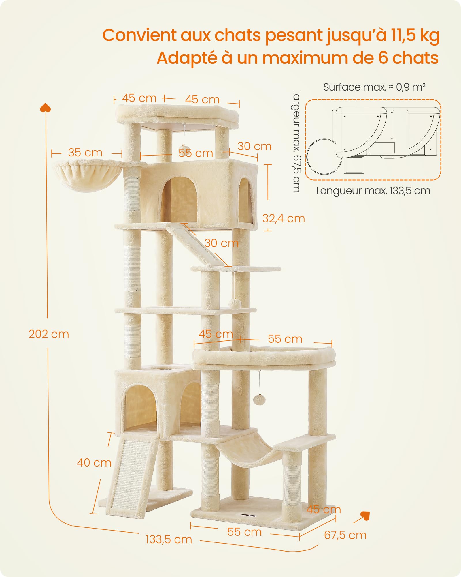 Feandrea Arbre à Chat XXL, Base Double, Poteaux Sisal, 6 Niveaux, Griffoir, 105 x 45 x 202 cm, Beige Clair, Multi-Chats, Collection Clawfy PCT020Y101