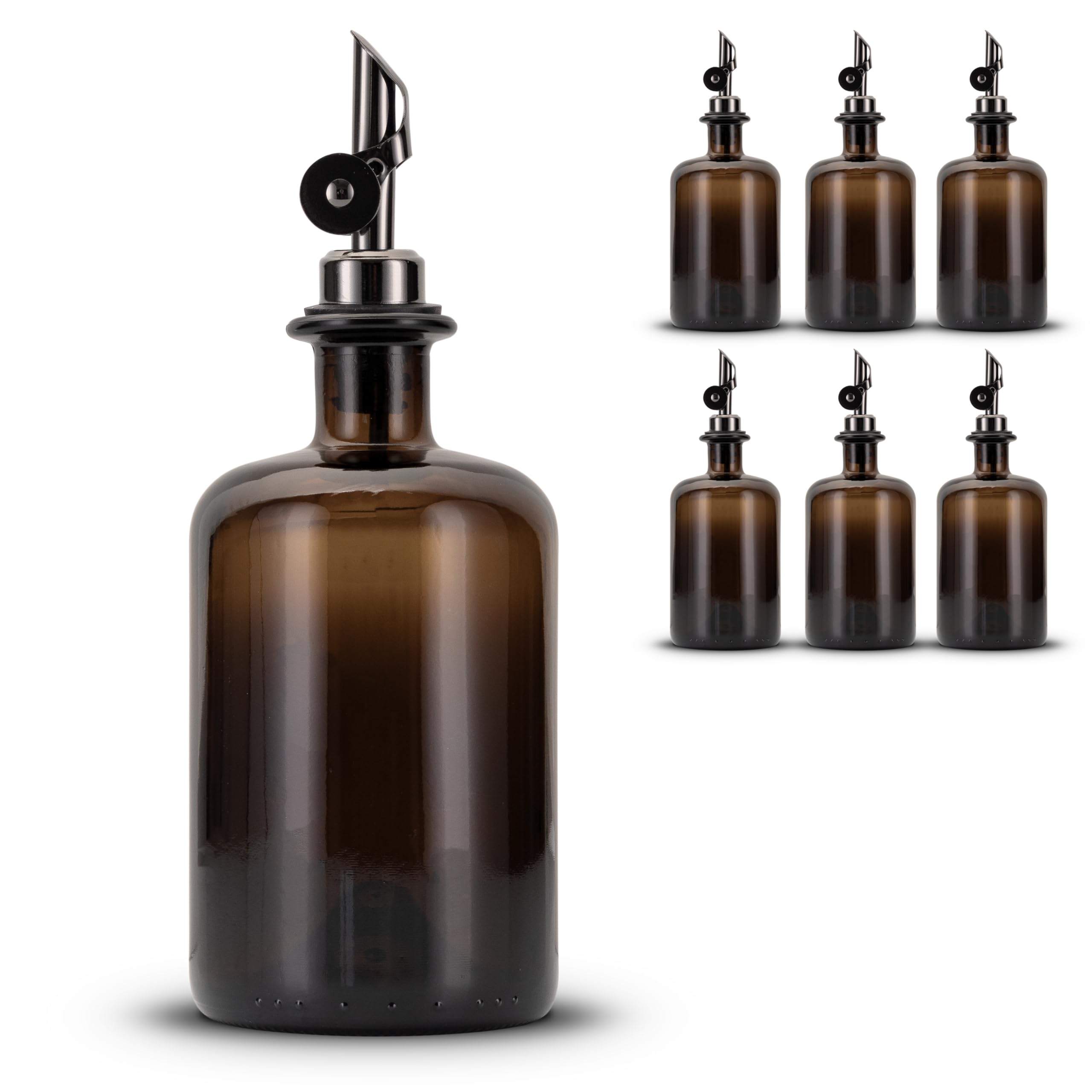Koffs Design - 6 Stück Ölflaschen zum Befüllen - Moderner Ölspender aus Braunglas mit Edelstahl Ausgießer – Spender für Öl, Essig und Balsamico - für deinen Inhalt - 500ml - blanko