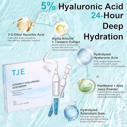 Miniatura 5 de TJE Suero de ácido hialurónico al 5% para la cara con vitamina C Suero ultra hidratante antienvejecimiento Hidratante para piel seca y sensible