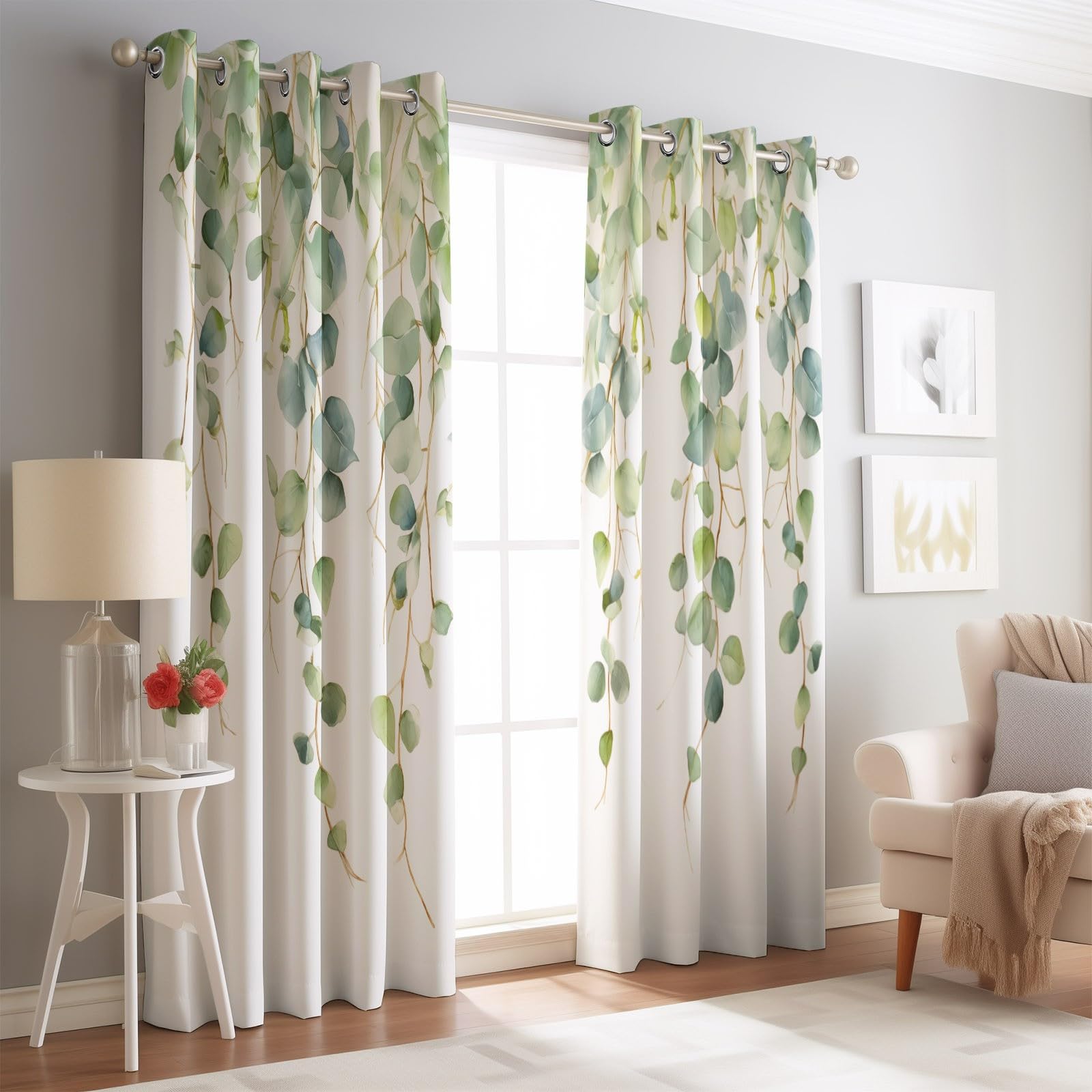 100% nieprzezroczyste zasłony, wys. 138 x szer. 117 cm (2 sztuki) – rośliny, liście eukaliptusa, winorośli, szałwia, zielone szałwia, zasłony zaciemniające z oczkami, zasłony termiczne do sypialni i