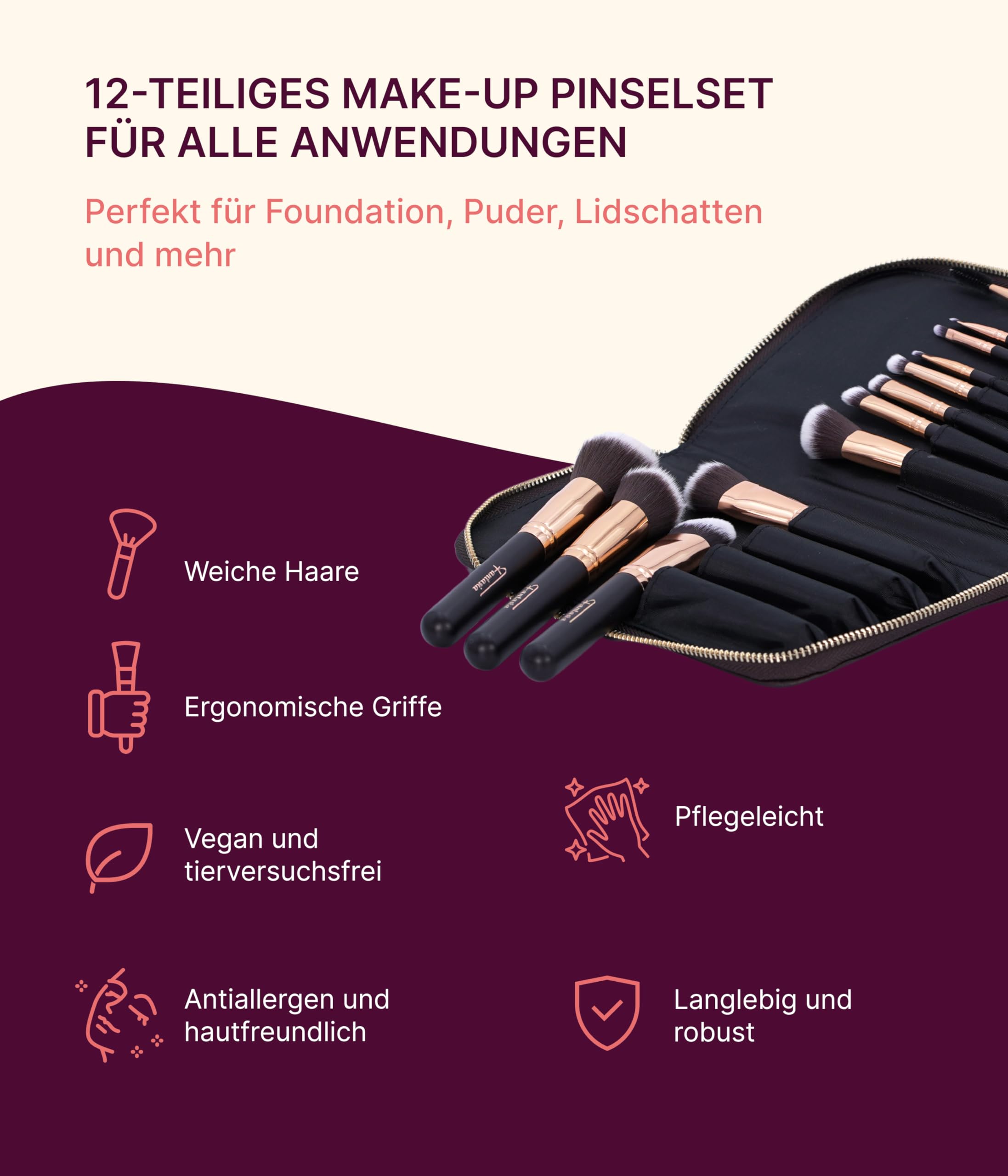 Fantasia Beauty Make Up Pinsel Set 12-teilig – Weiche, hautfreundliche Pinsel für ein natürliches Finish – Perfekt für Anfänger & Profis – Schminkpinsel Set vegan, leicht zu reinigen