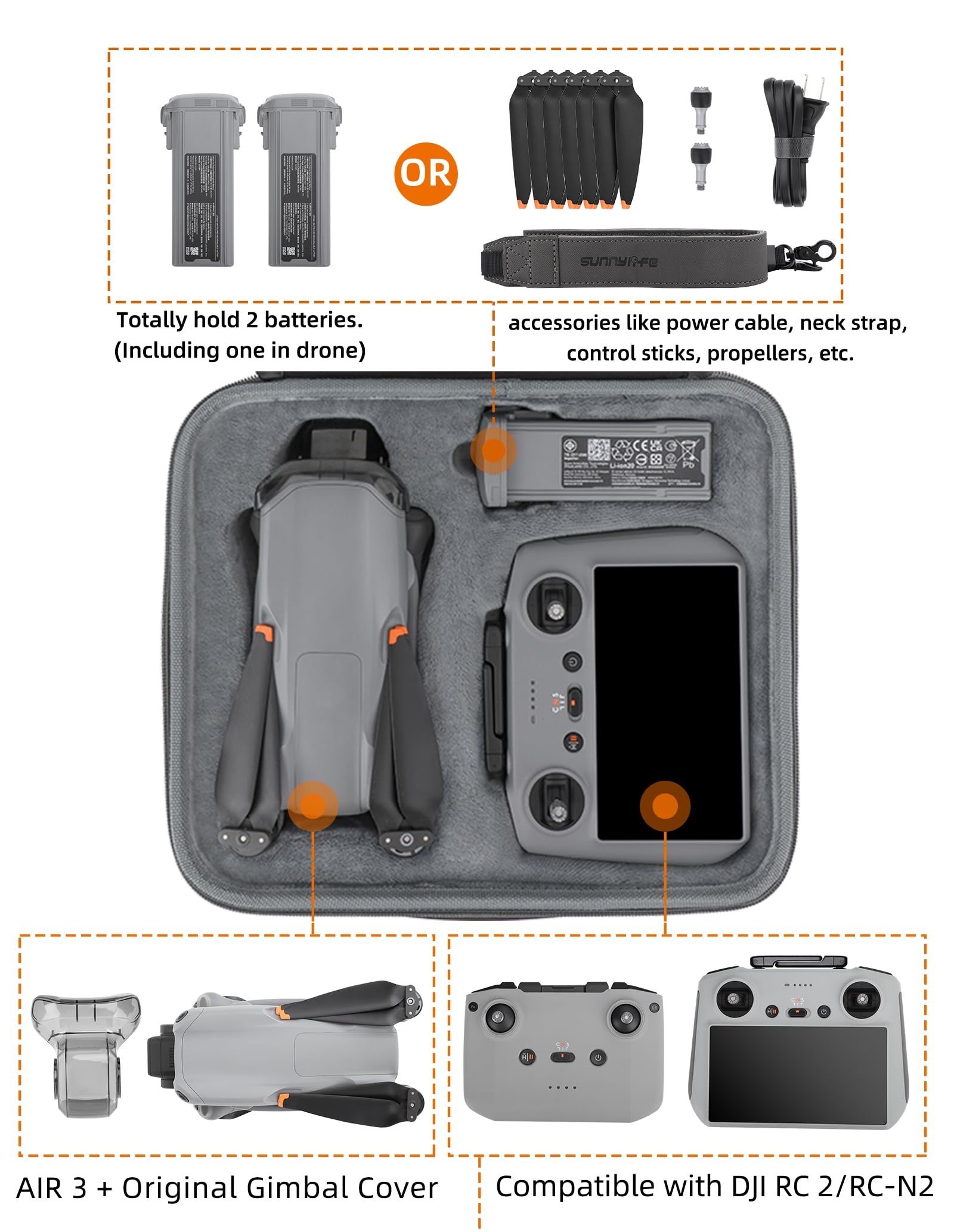 Bolsa de protección para DJI Air Drone y RC 2 / RC-N2 a distancia, funda portátil, fundas de almacenamiento, estuche de transporte (una bolsa para DJI Air 3 Kit)