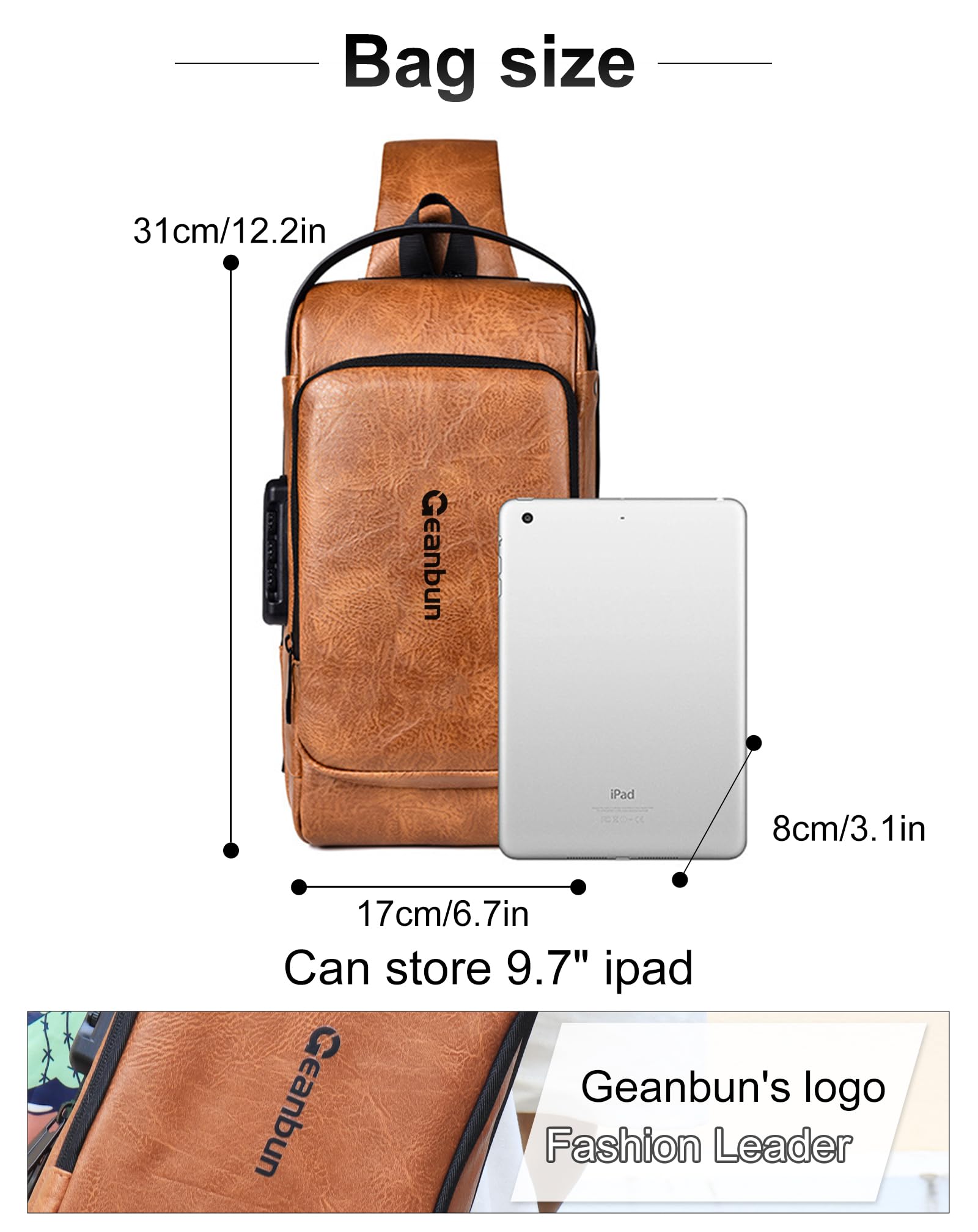 Mochila cruzada USB antirrobo para hombre, mochila impermeable para el pecho, Marrón-2, Moda 6