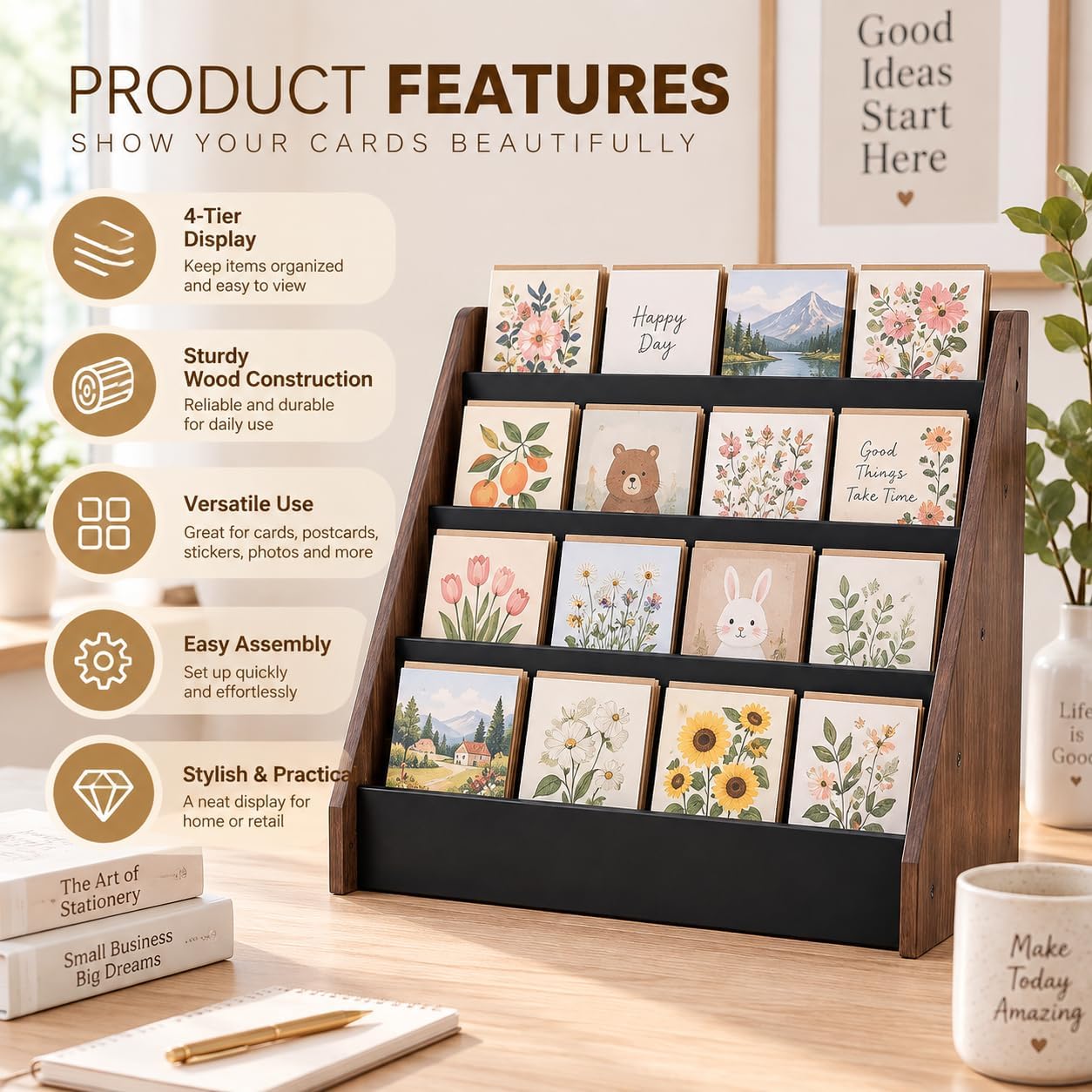Wooden Greeting Card Display Stand, 4-Tier Countertop Card Holder Rack for Postcards, Stickers and Stationery, Retail Display Organizer for Vendors, Stores and Craft Fairs