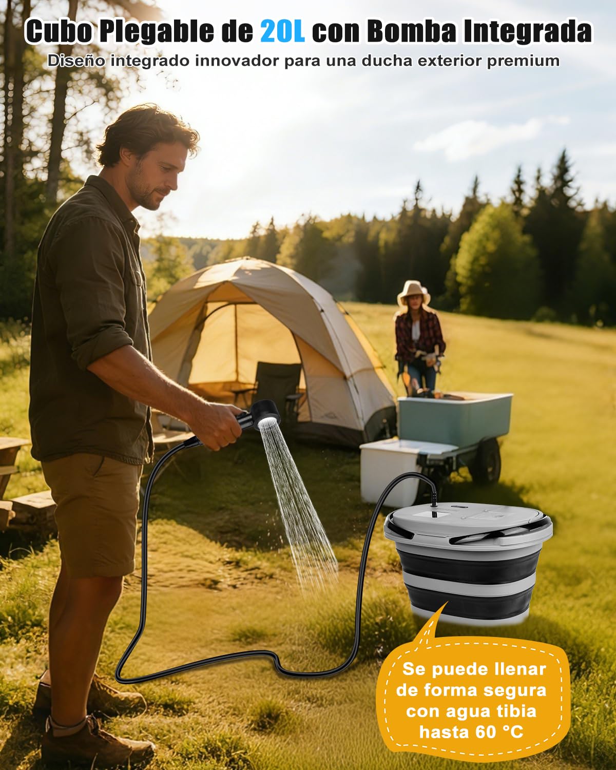 Ducha Portatil Camping, [Pantalla Inteligente] [Nueva Versión] 13000mAh Recargable Ducha Camper con 20L Cubo Plegable Multiusos, Ducha Electrica para Acampar, Ducha de Playa & Perros